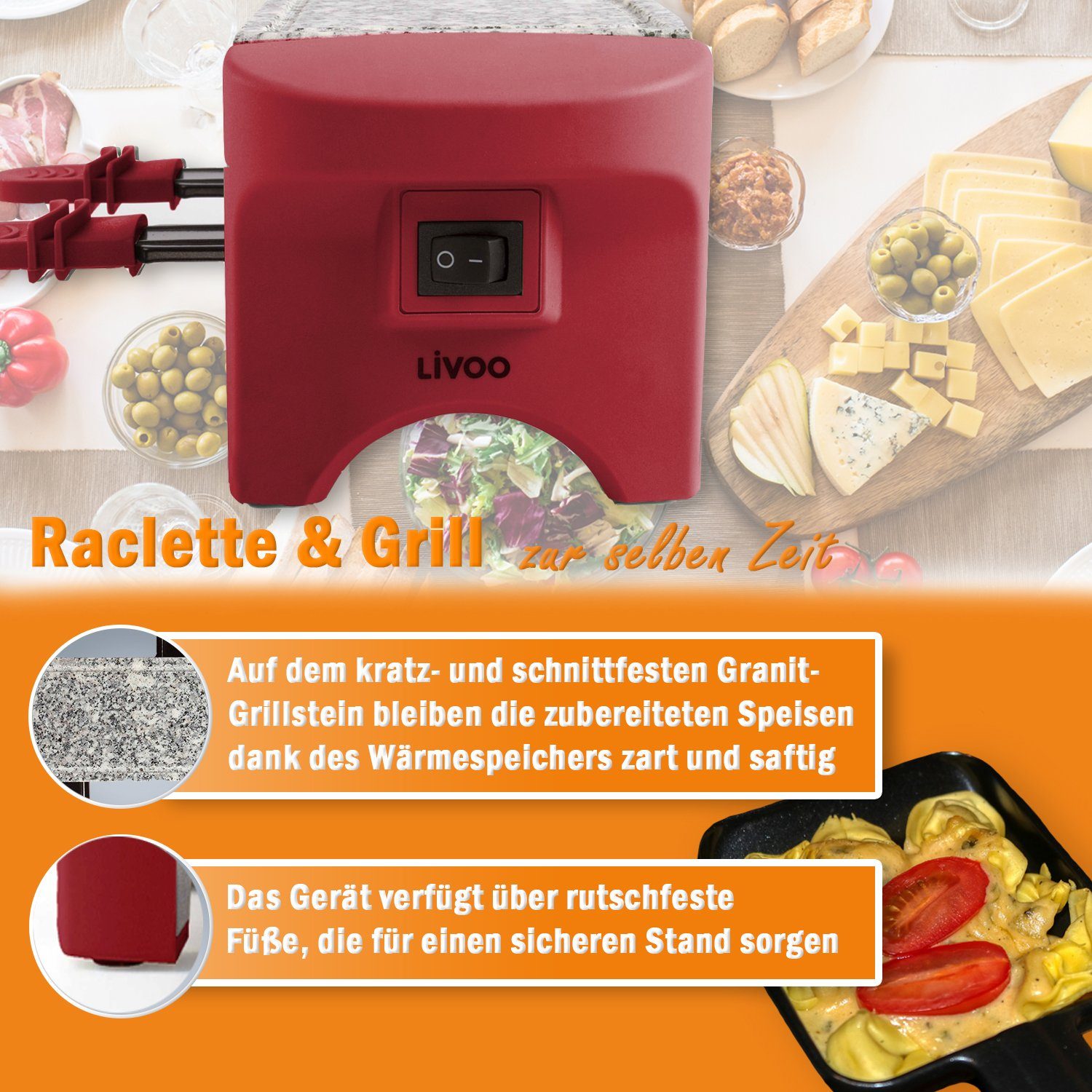 Raclette Raclettepfännchen, Raclette Raclettepfännchen, 2 W, Grill Granitplatte für 350,00 LIVOO Ausschalter Anti-Rutsch-Füße, Ein-/ Personen 2 Granitplatte, LIVOO Raclettegrill, 2