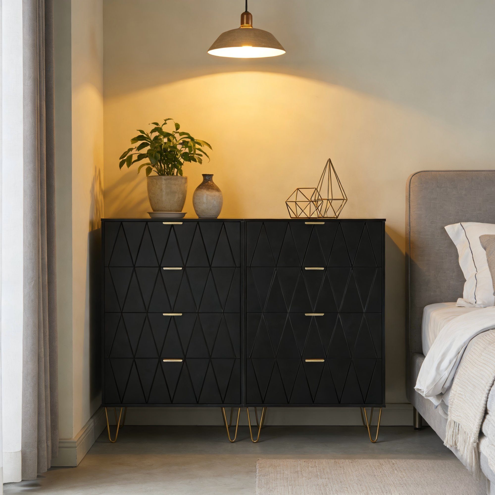 UEV Kommode modern Sideboard schmal Mehrzweckschrank für Kleidung Dokumente (Packung, Kommode mit 4 Schubladen 2er set, 120 x 34 x 91 cm), Schmal Beistellschrank für Wohnzimmer Schlafzimmer Flur