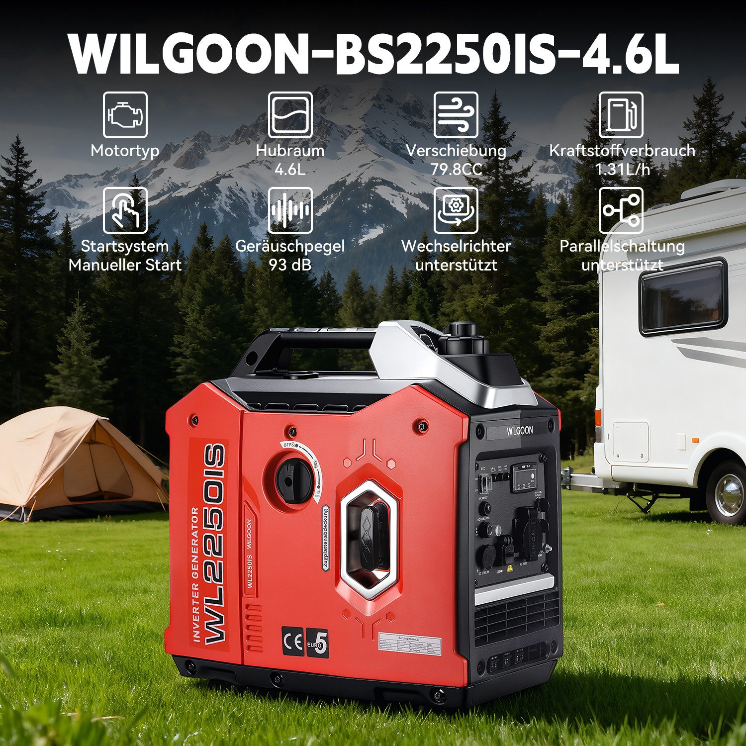 WILGOON BS2250IS 4-Stroke Quiet Generator, Inverter Generator, 2000W (2 kW), 79.8 cm³, Petrol Generator with 230V Socket for Camping and Motorhomes