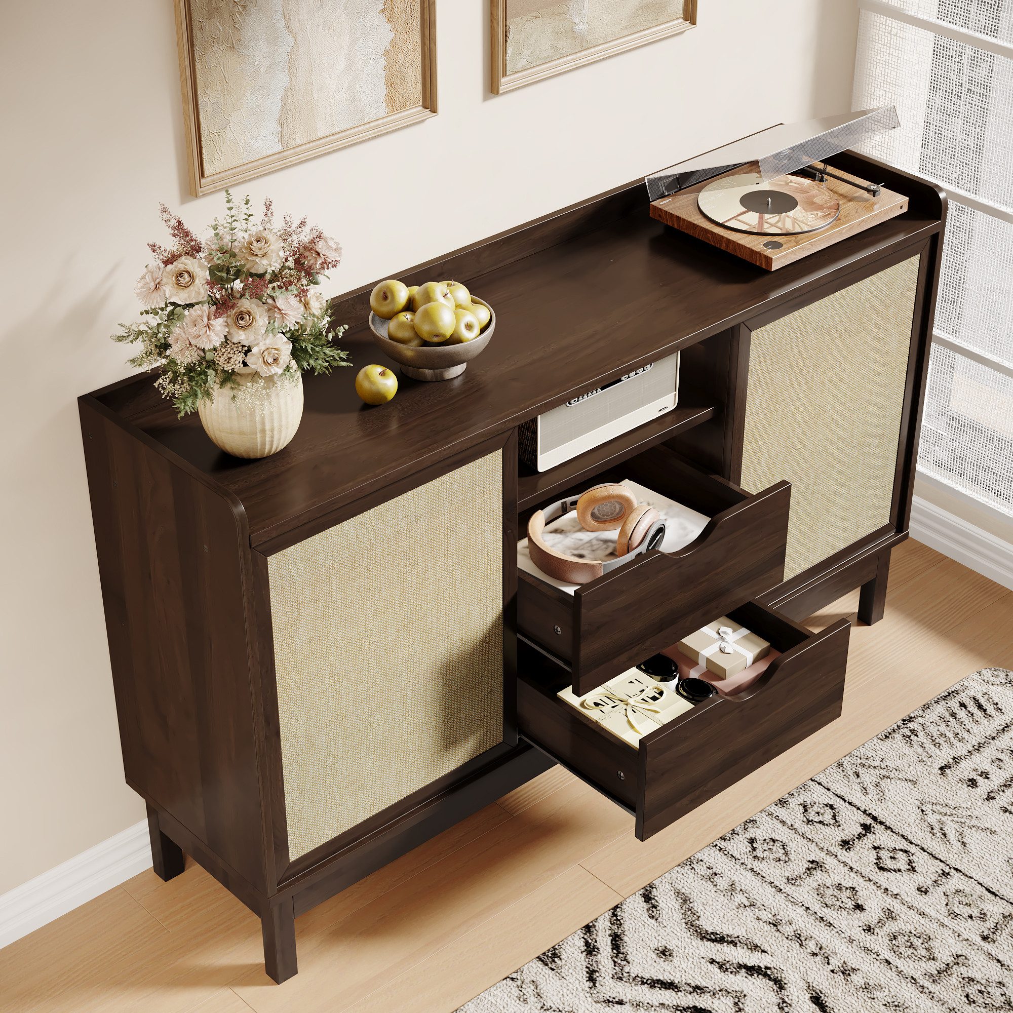 Merax Sideboard Retro Anrichte Wohnzimmerschrank Buffetschrank (1 St., Aufbewahrungsmöbel für Wohn- und Esszimmer), Kommode mit Schiebetüren, 2 Schubladen & off – Bild 2 von 5