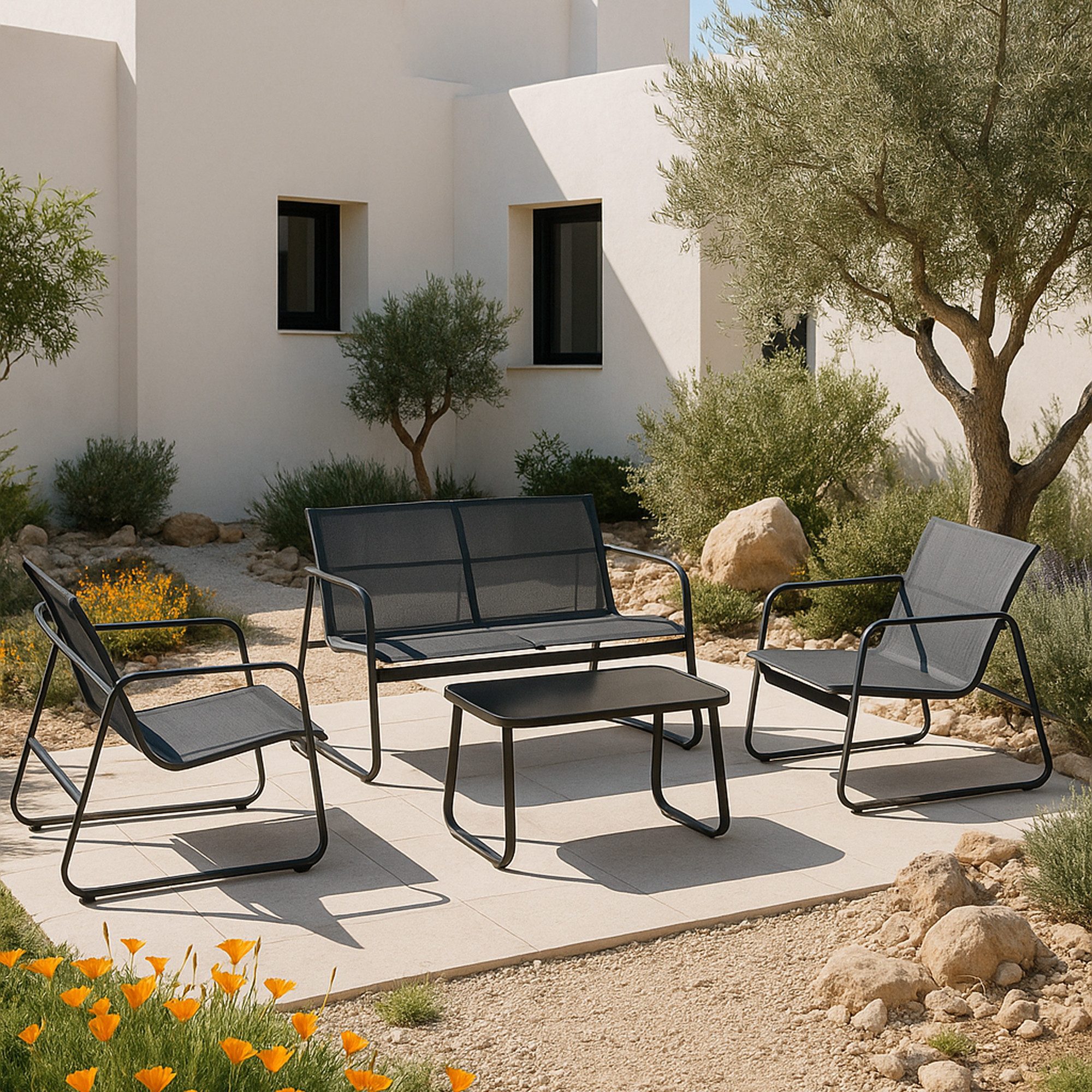 en.casa Gartenlounge-Set, »Palencia« 4-tlg. Gartengarnitur Schwarz/Hellgrau