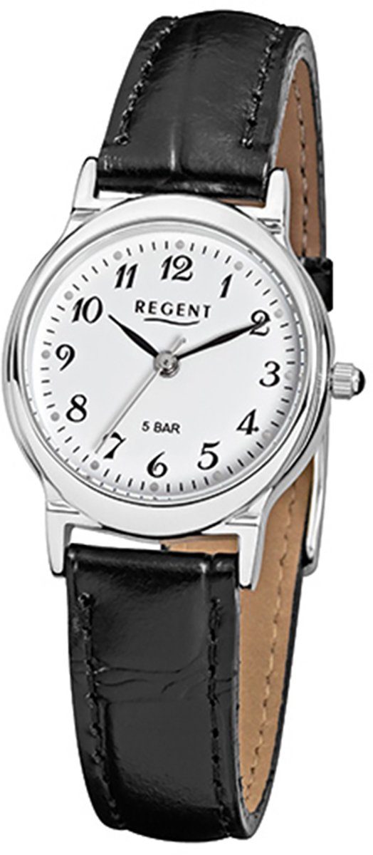 Regent Quarzuhr Regent Damen-Armbanduhr schwarz Analog, Damen Armbanduhr rund, klein (ca. 27mm), Lederarmband