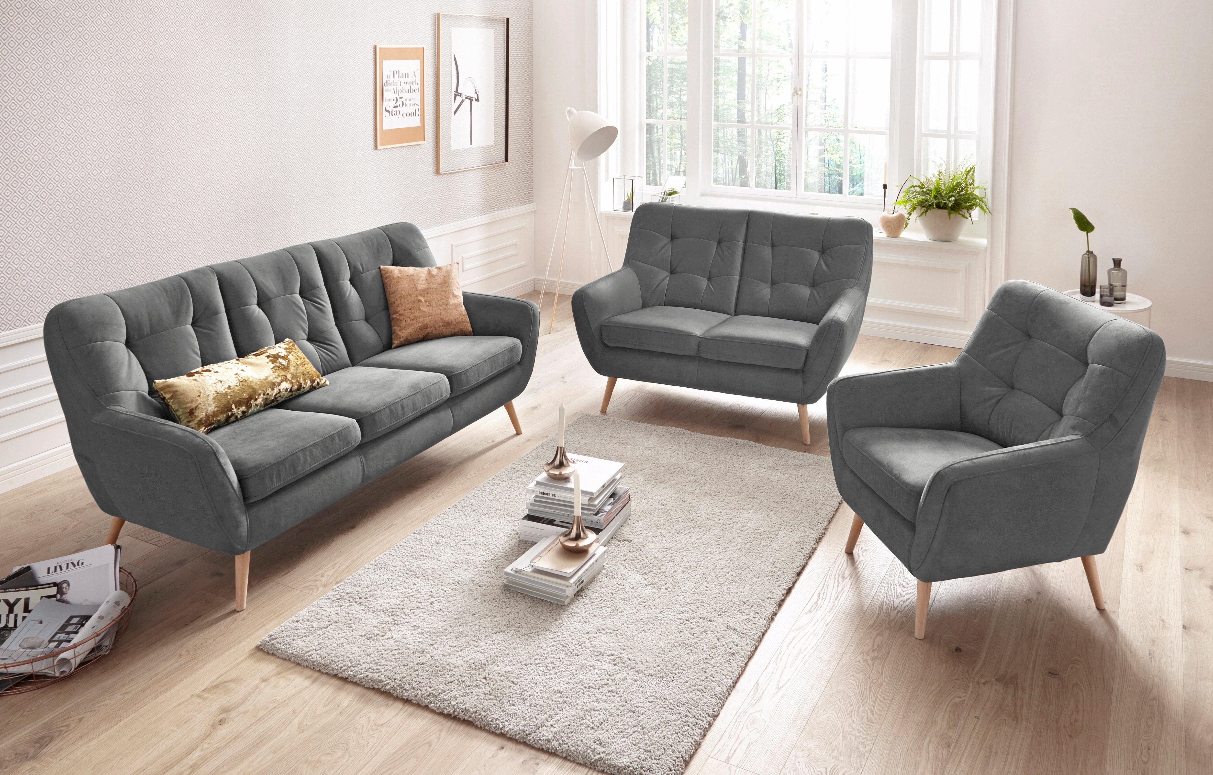 exxpo - sofa fashion 3-Sitzer Scandi, bequem, aufwendige Rückenpolsterung für mehr Sitzkomfort, aktuelle Farben in hochwertigen Bezugsqualitäten, Holzfuß