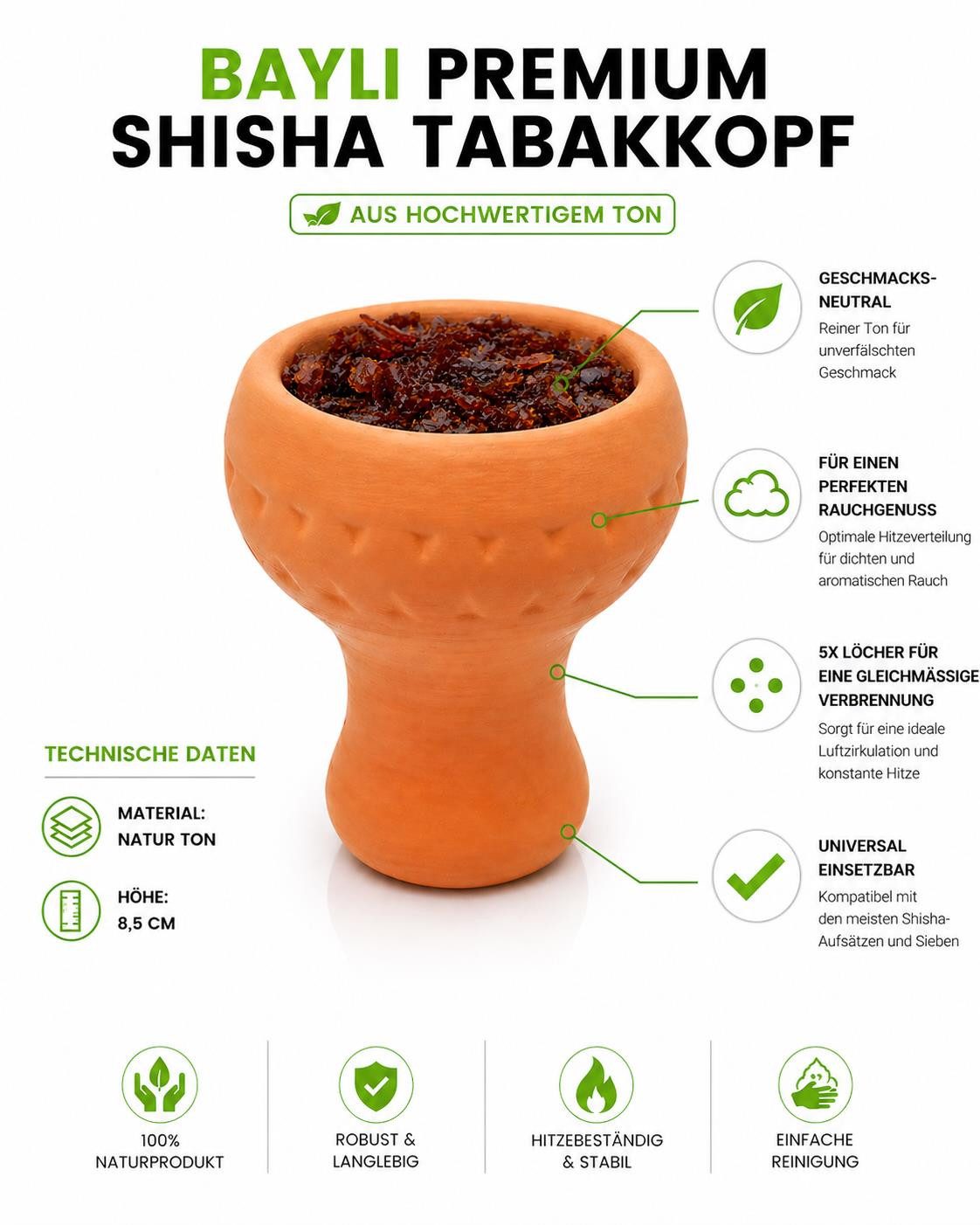 BAYLI Anzündkamin Bayli Premium Shisha Kopf aus hochwertigem Ton, Shisha Tonkopf für