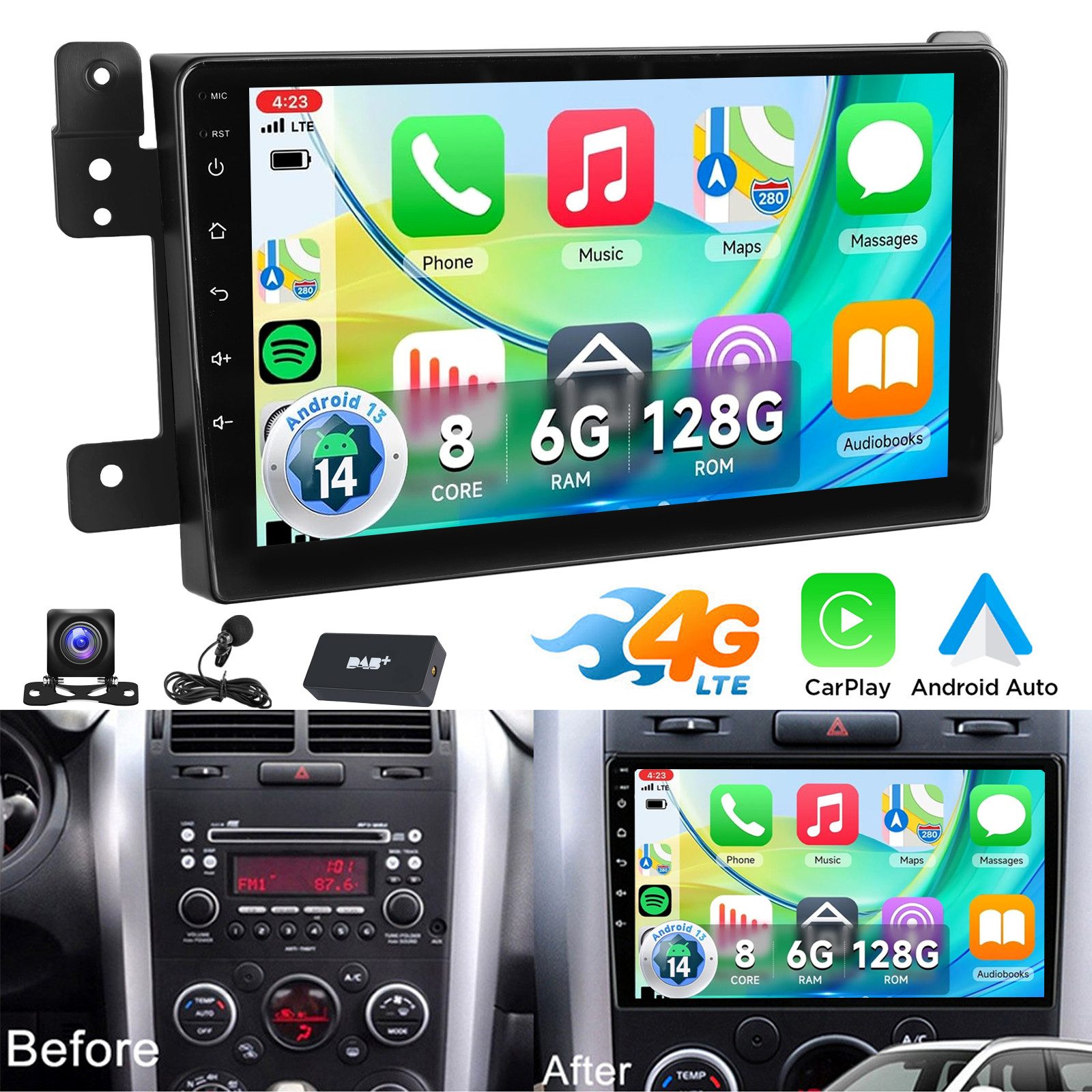 DAB+ Autoradio CarPlay 6+128G Android 14 Für Suzuki Grand Vitara 05-15 Autoradio