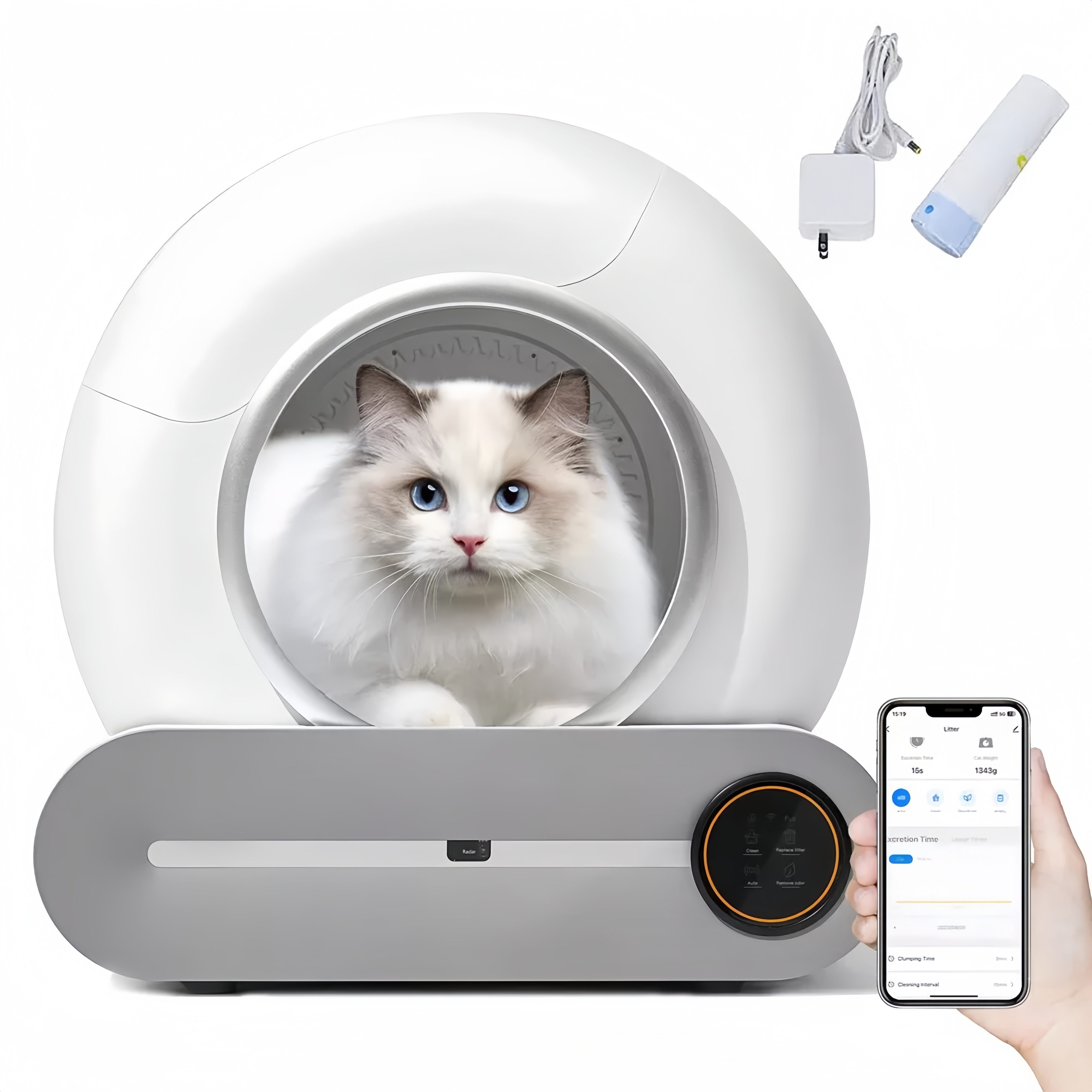 Rhein Beleuchtung Katzenecktoilette Selbstreinigende Katzentoilette 65L – Elektrisches Katzenklo mit App, Für große Katzen & Mehrkatzenhaushalt – robust & geräumig