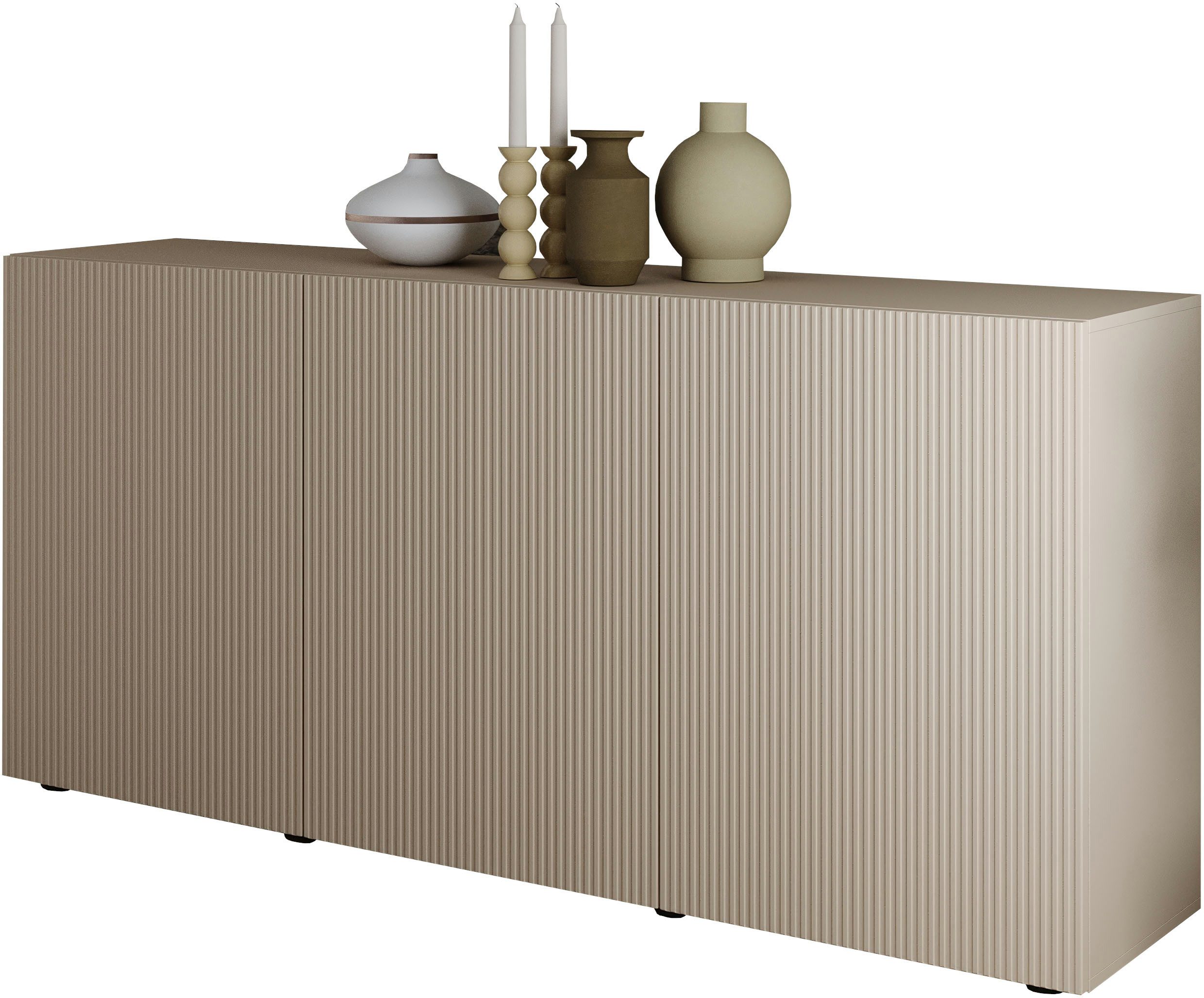Home affaire Sideboard Rio Breite 181 cm, Kommode mit 3 Türen, Anrichte, geriffelte MDF-Fronten, modern u. elegant, viel Stauraum