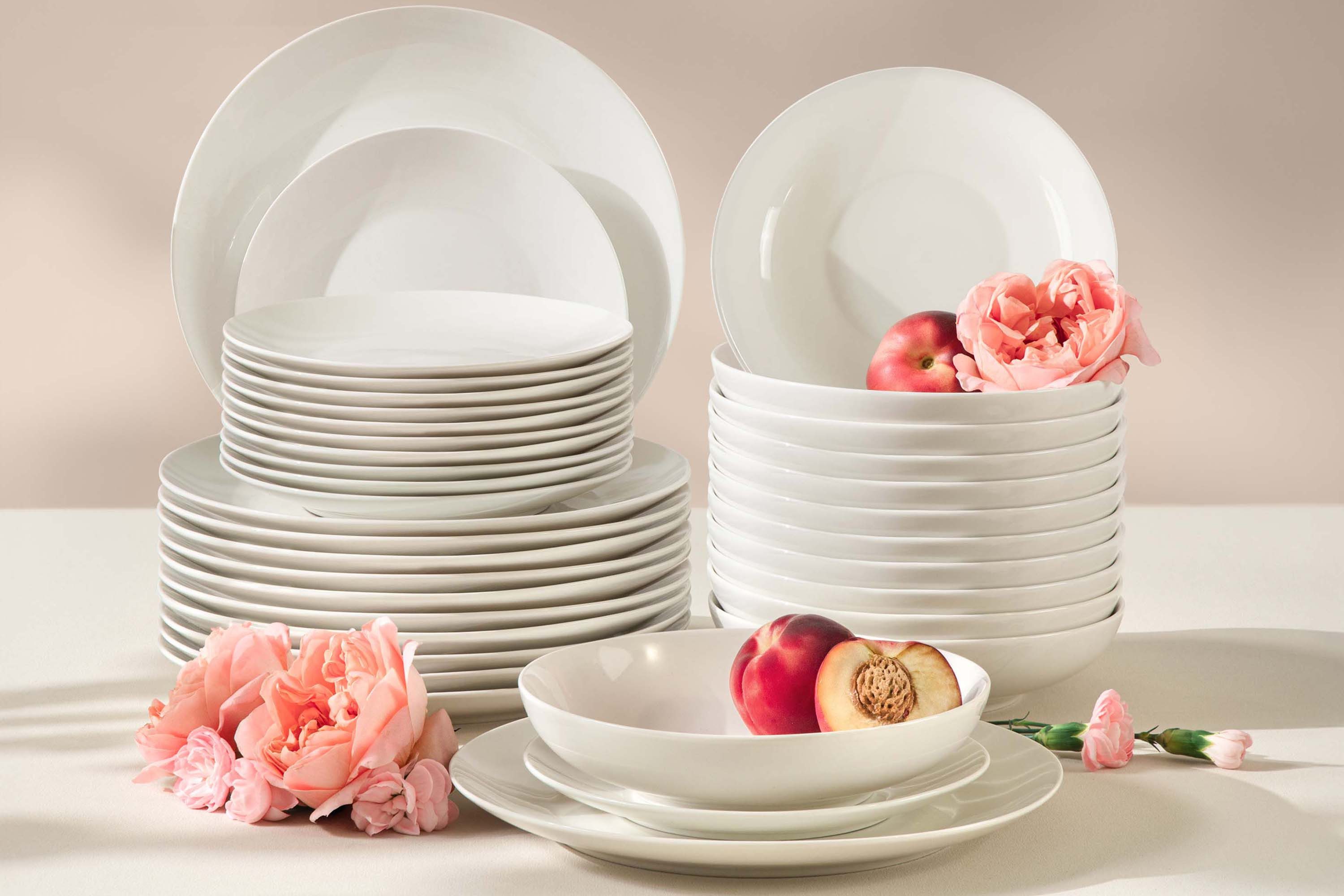 KONSIMO® Tafelservice AD BELLA Geschirrset, Teller-Set, Hartporzellan, ecrufarben (36-tlg), 12 Personen, Porzellan, spülmaschinengeeignet, mikrowellengeeignet, zeitloses Design