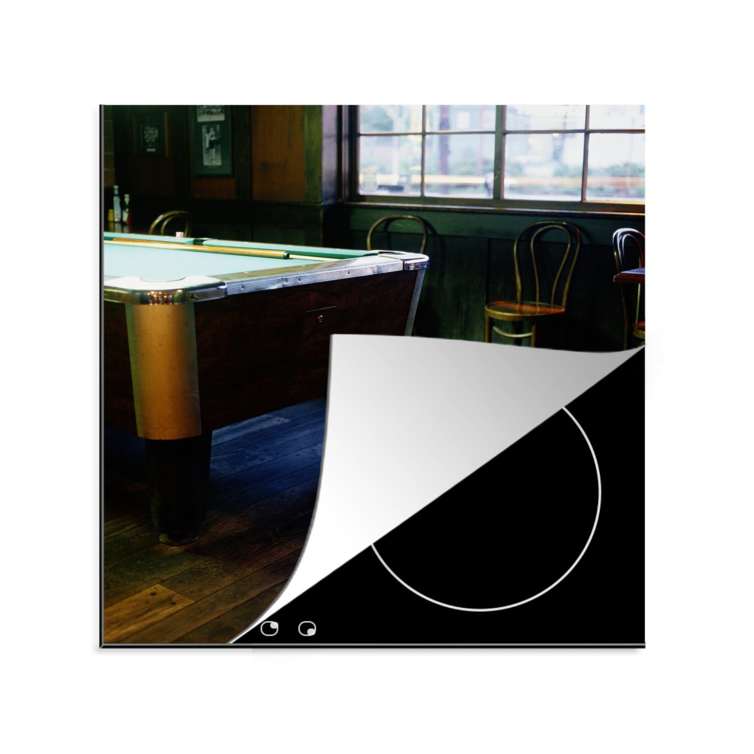 MuchoWow Herdblende-/Abdeckplatte Ein Billardtisch steht in einer Kneipe, Vinyl, (1 tlg), 78x78 cm, Ceranfeldabdeckung, Arbeitsplatte für küche