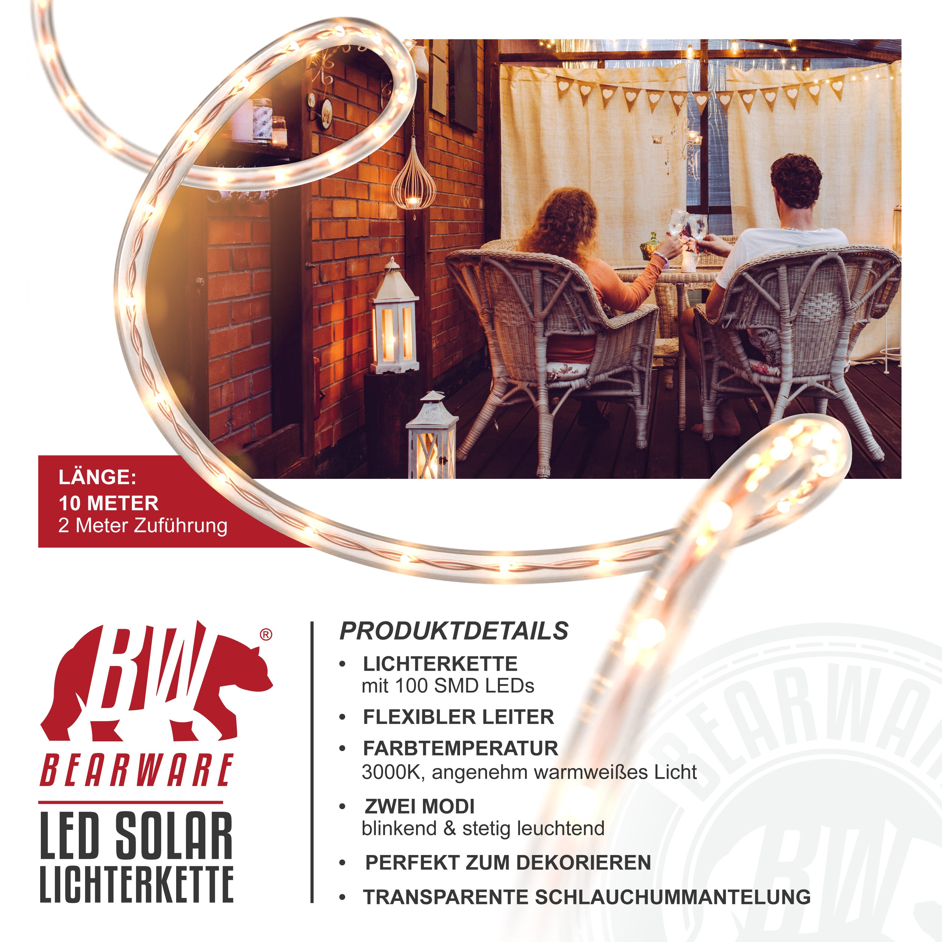 BEARWARE LED-Lichterkette, Solar 10m warmweiß, Innen & Außen, Solarpanel mi günstig online kaufen
