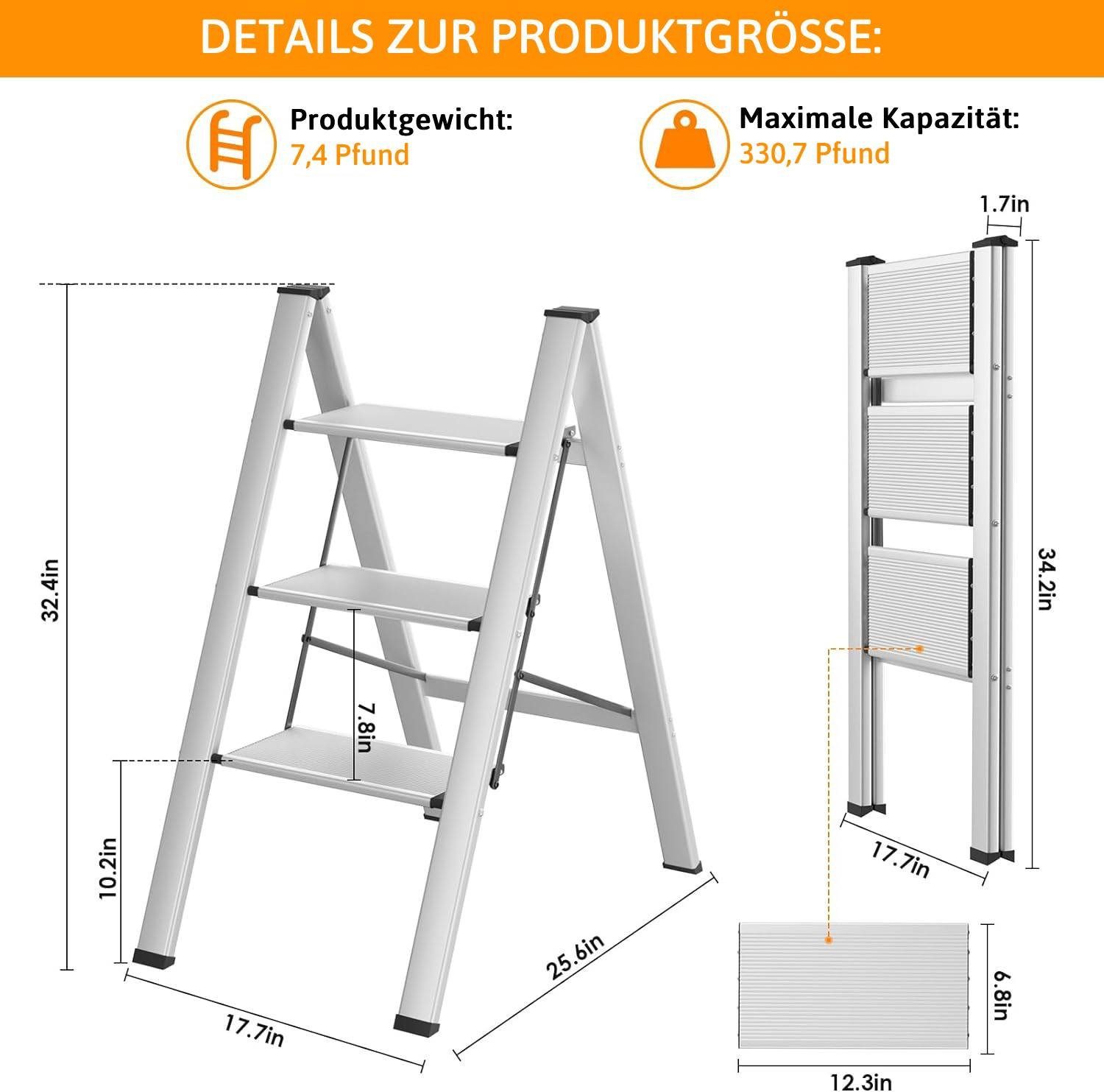 TLGREEN Trittleiter Alu-Klapptritt-Leiter,2/3/4-Stufen-Leiter Rutschfeste Trittfläche (Tragbare Leiter für Zuhause Leichte Leiter), Belastbar Bis zu 150 kg Verw – Bild 2 von 5