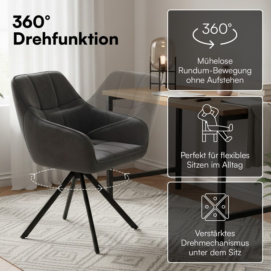 skølm Esszimmerstuhl Sköll Drehstuhl mit Samt-Bezug (2er Set, dunkelgrau, bis 150 kg), Küchenstuhl, höhenverstellbar & drehbar, verfügbar als 4er/6er Set