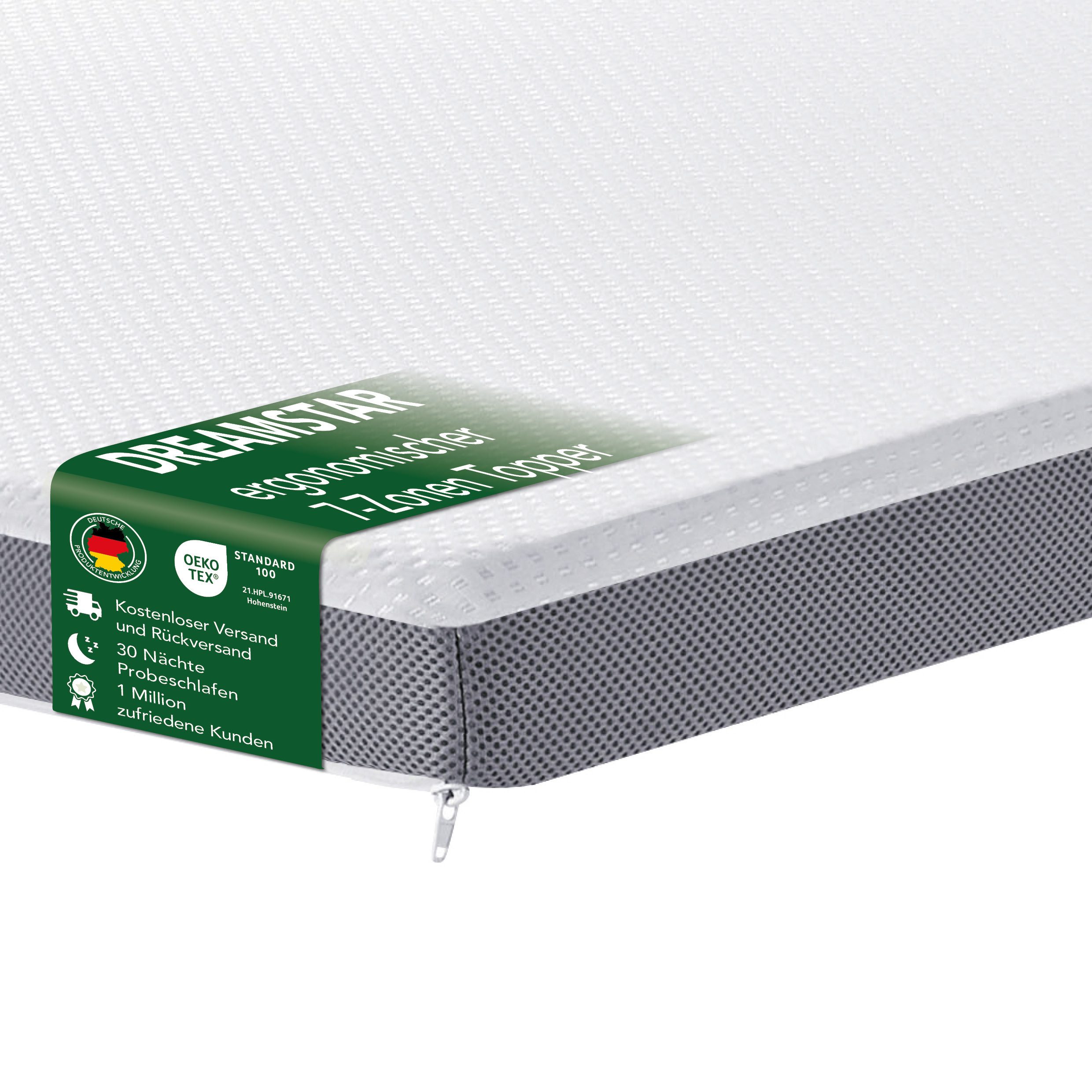 Dreamstar, Topper 7-Zonen Matratzentopper mit Gel-Memory- & Komfortschicht, H2/H3, 8 cm hoch, Komfortschaum, rutschfest, Bezug waschbar - für Matratzen und Boxspringbetten