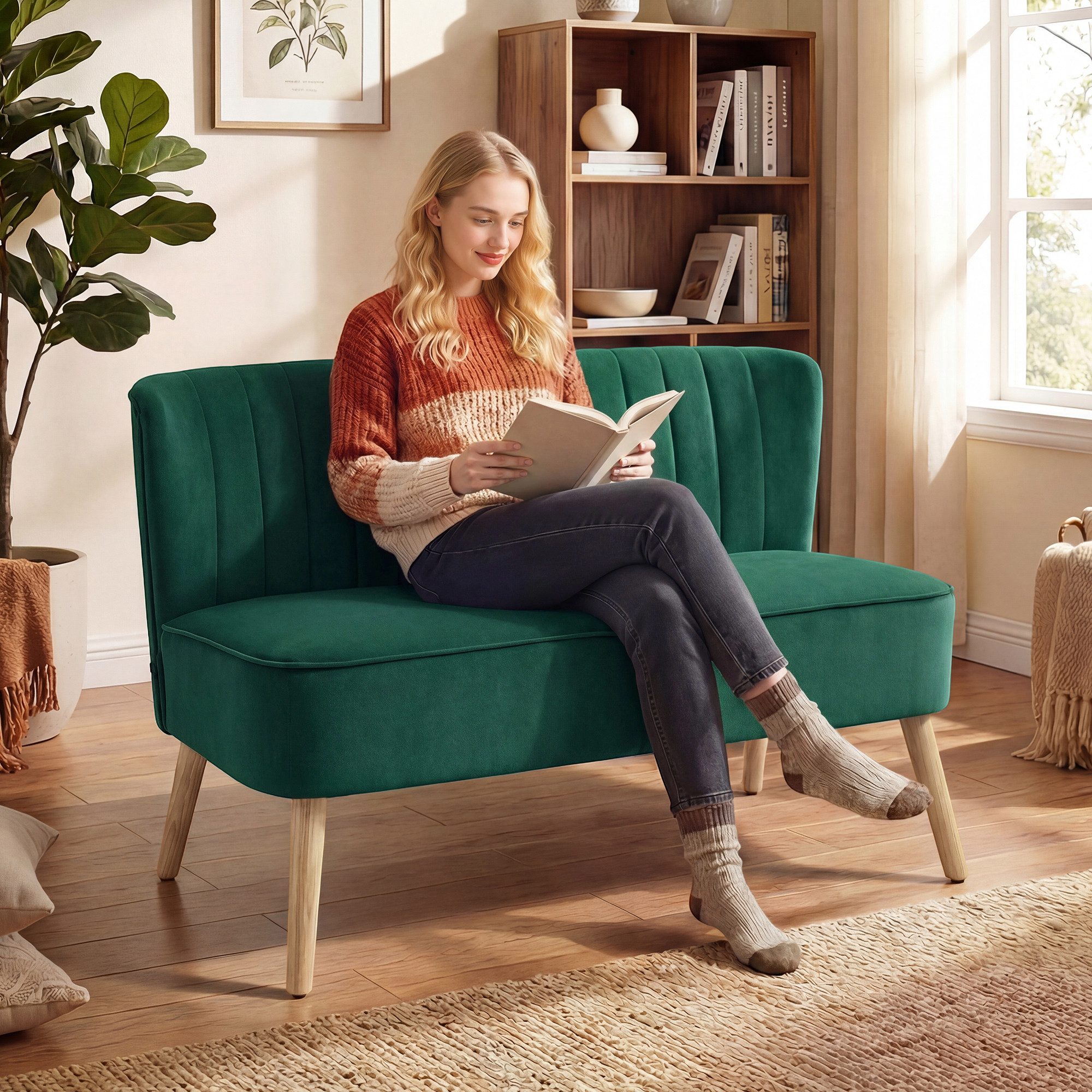 HOMCOM Loveseat Sofa 2 Sitzer mit Samt-Optik (Couch, 1-St., Modern Polstersofa), Dunkelgrün 117 x 56,5 x 77 cm