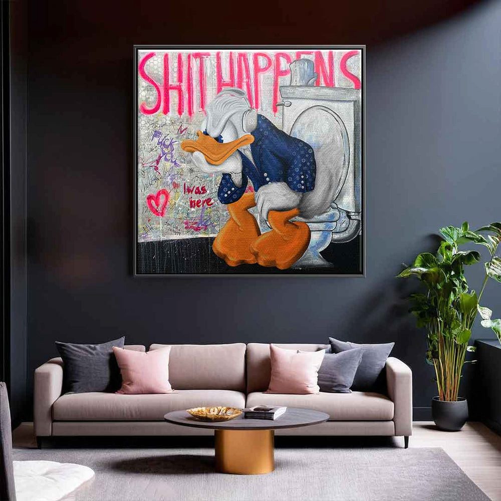 DOTCOMCANVAS® Leinwandbild Shit Happens, Leinwandbild Donald Duck Shit Happens Bad Toilette Pop Art Comic