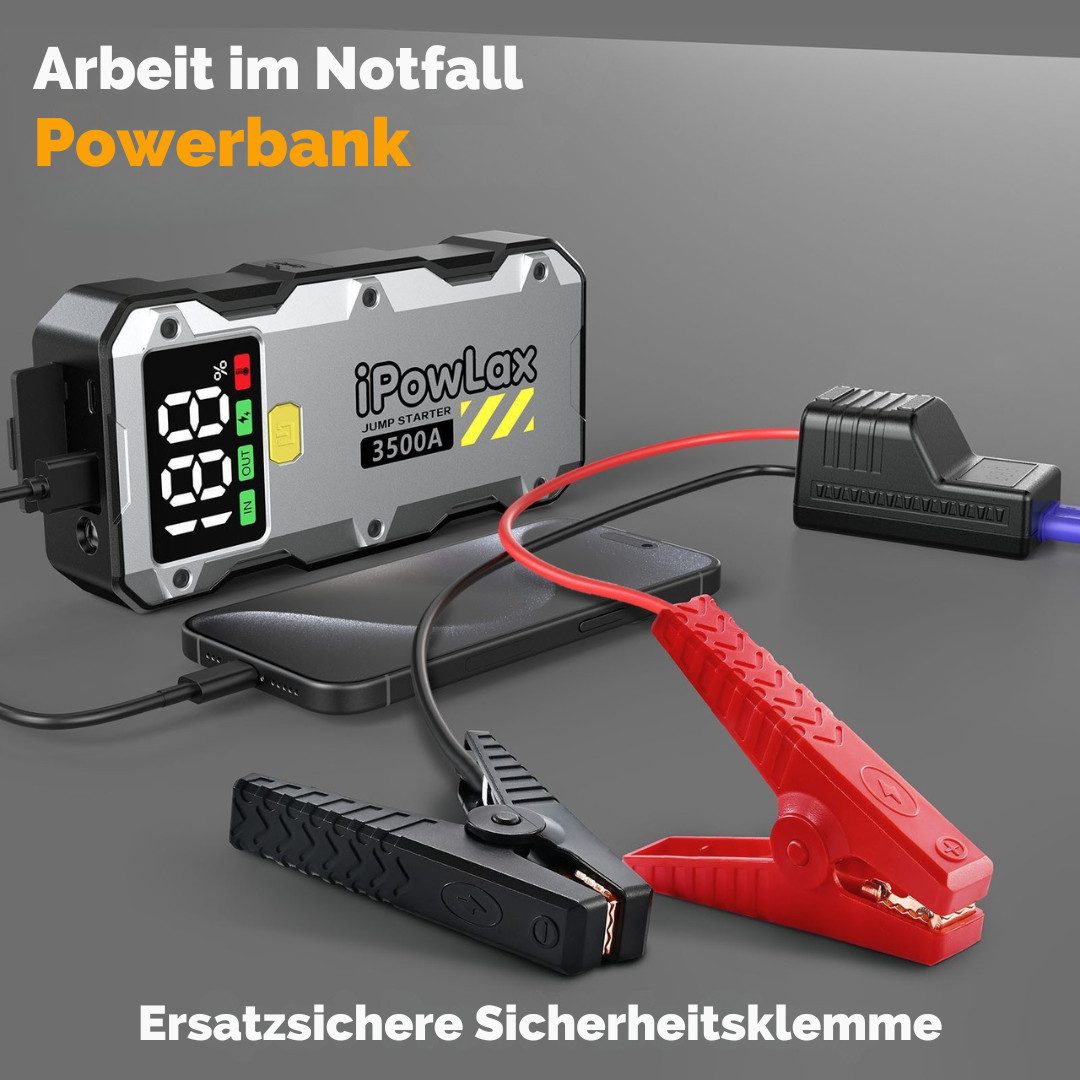 iPowLax Starthilfegerät 12800 mAh (12 V), LCD-Display, Schnelllade-USB, Zwangsstart & LED-Taschenlampe