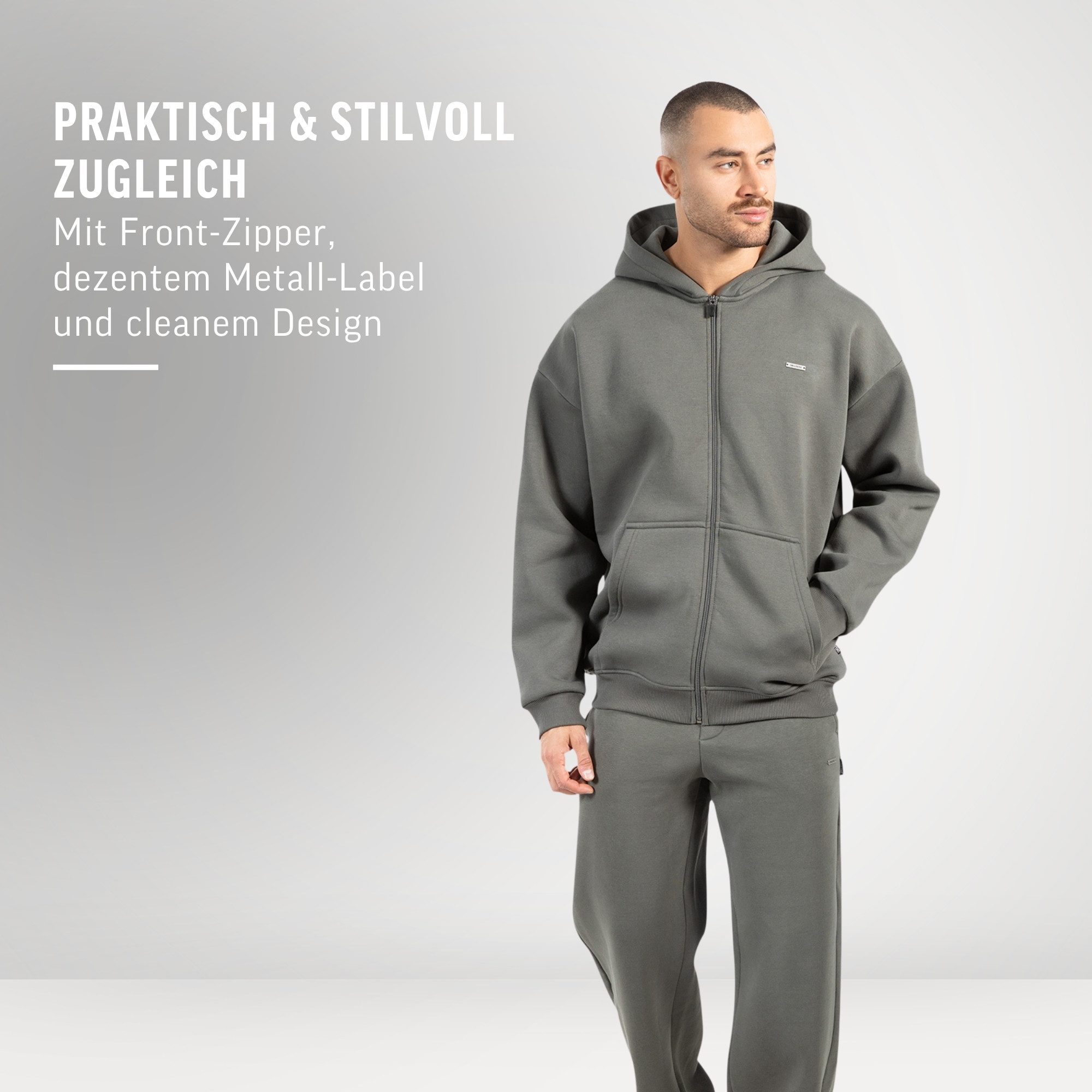 Smilodox Kapuzenstrickjacke Cedrik, Oversize Zip Hoodie, Kapuzenpullover mit Front-Zipper Langarm Kängurutasche Metallabel weiches Material Freizeit Alltag