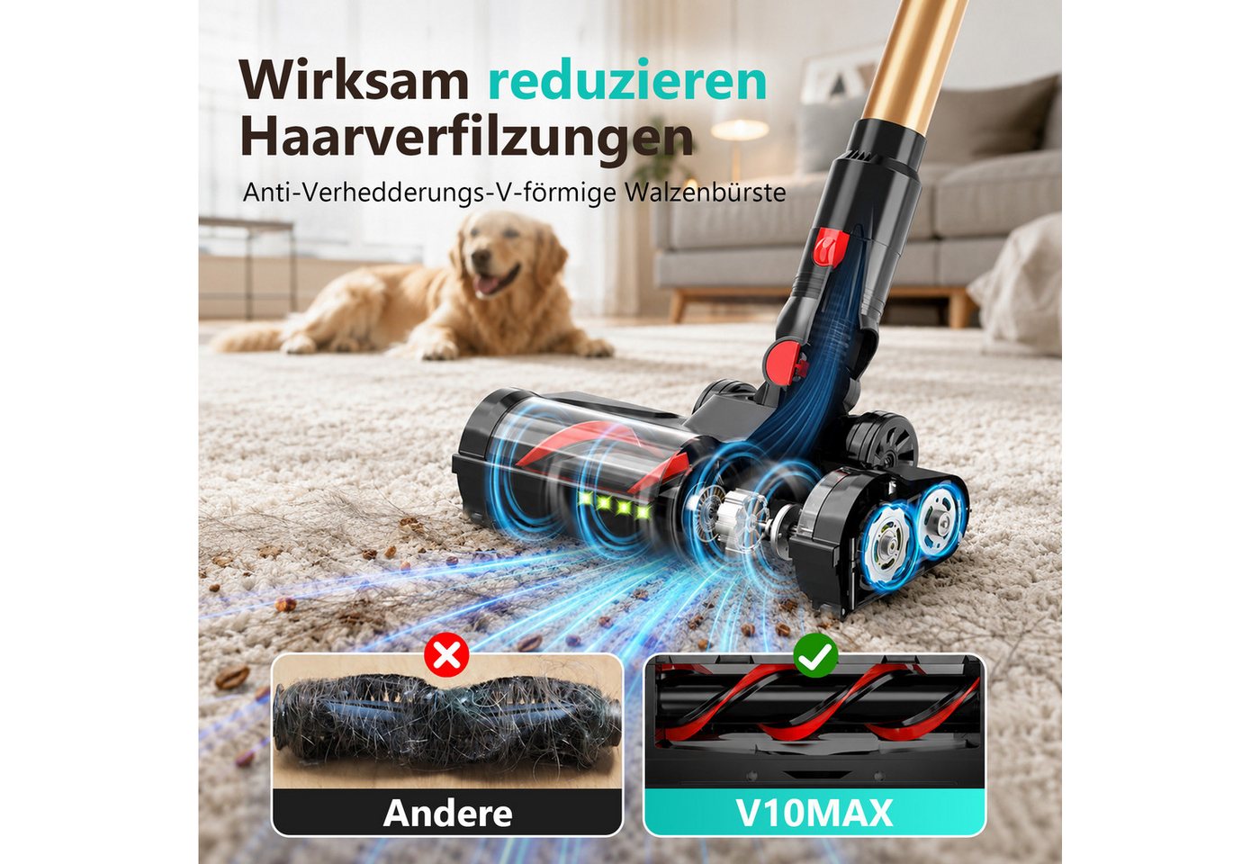 Rosnek Akku-Hand-und Stielstaubsauger Akku Staubsauger, Kabelloser Staubsauger für Tierhaare & Teppich, 650 W, beutellos, 50kPa Stark, 60Min, Anti-Tangle, inkl. Wandladestation