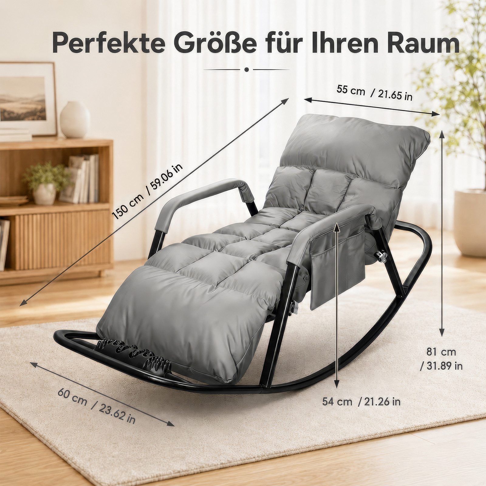 BlingBin Schaukelstuhl Liegestuhl 5-fach verstellbar bis 180° Neigung Mit Massagefußstütze (1er Set, 1 St), hoher Rückenlehne als Lesesessel für Wohnzimmer und Schlafzimmer