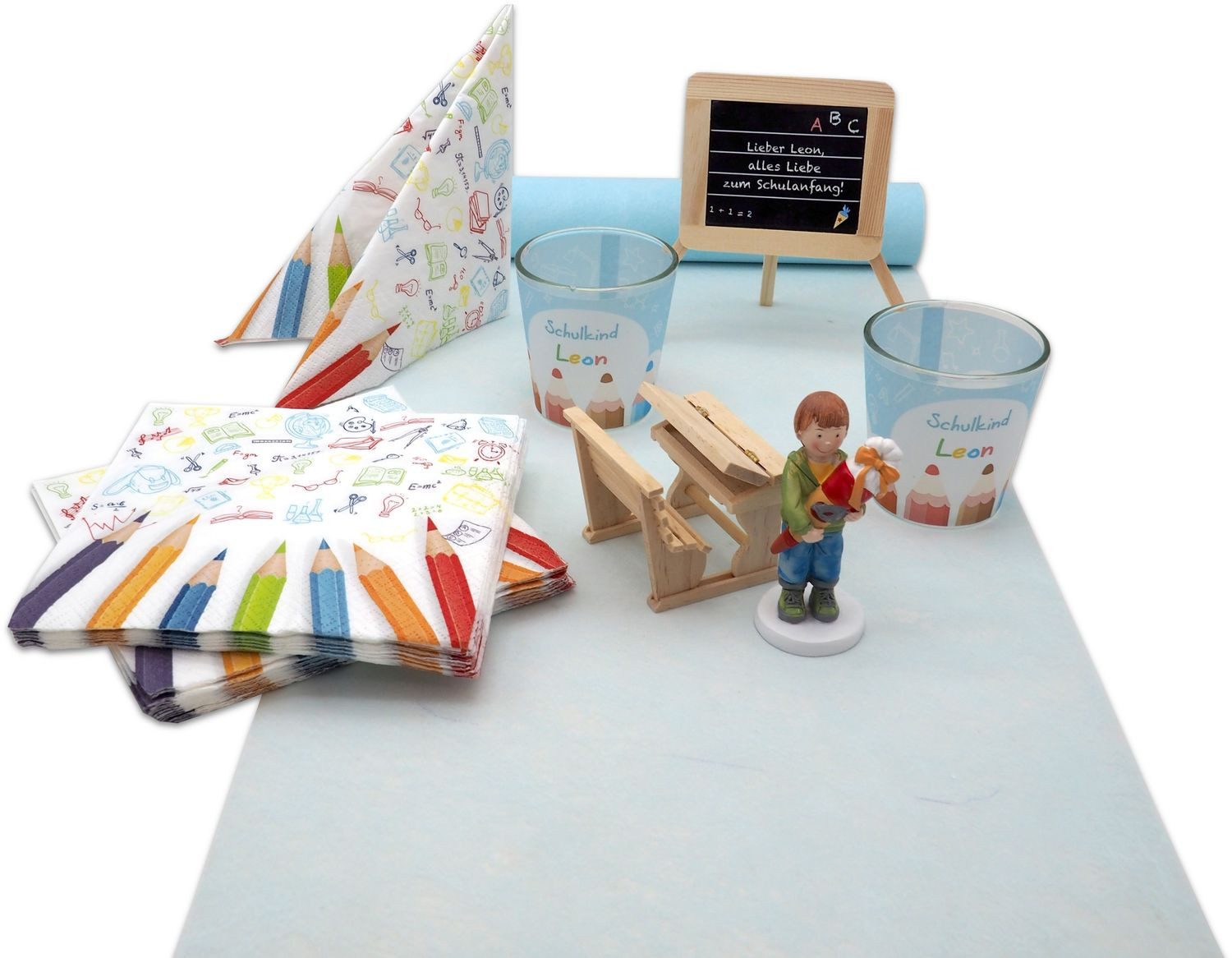 ZauberDeko Tischdecke Tischdeko Einschulung Schulanfang Junge Blau Schule Personalisiert SET