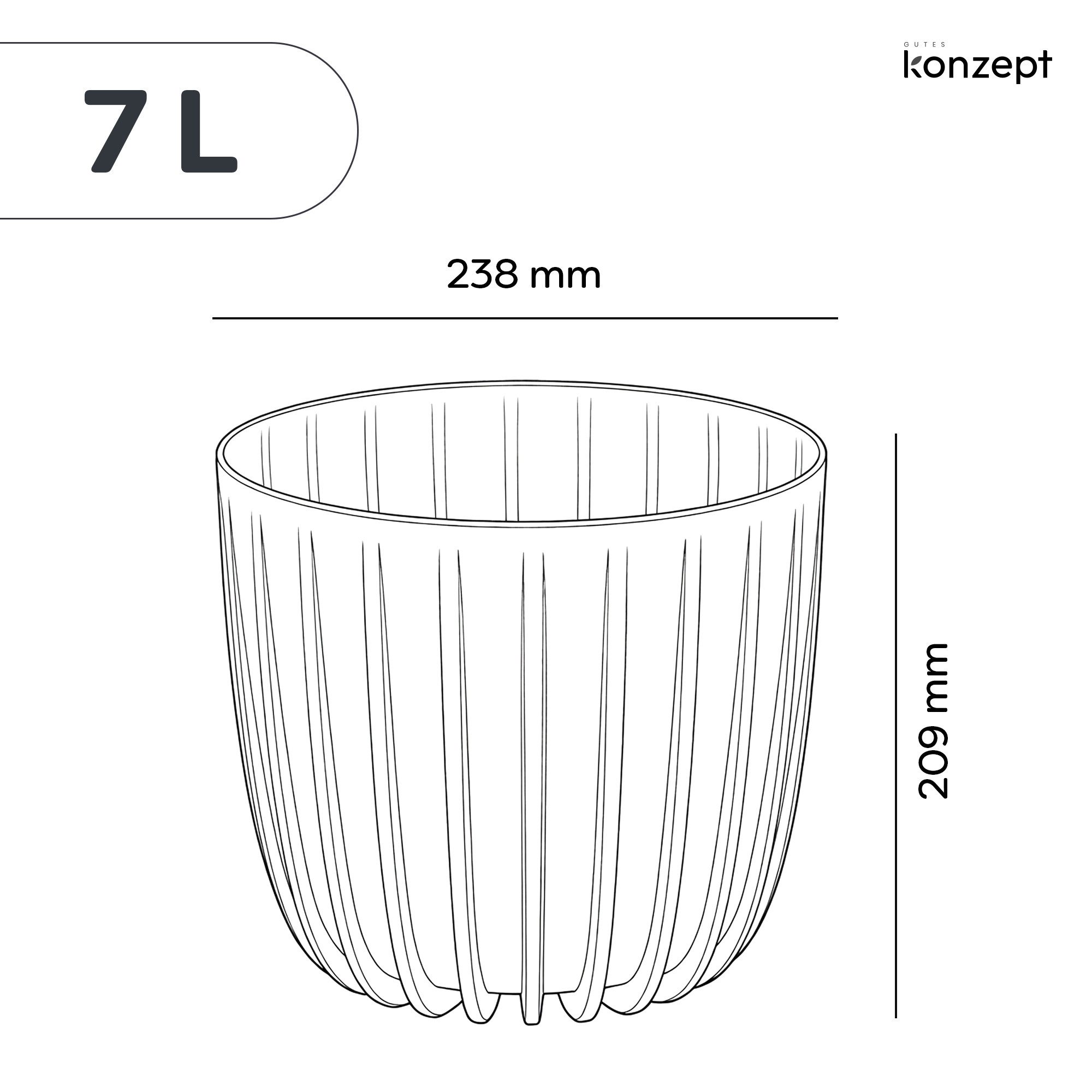KONZEPT Blumentopf Ø 24 cm, 7 L, Rillenstruktur, für Zimmerpflanzen, Balkon & Terrasse, Rillenstruktur, Matte Oberfläche, Volumen: 7 L