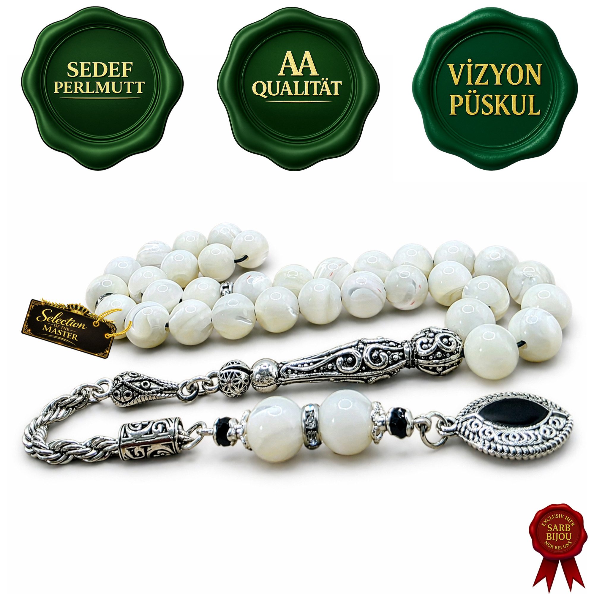 M-Punkt24 Kettenanhänger Tesbih Tespih Naturstein Küre Rund (Gebetskette, Rosary, Subha Misbah), Design Püskül, inkl. ETUI, *SONDERPREIS WEGEN PRODUKT NEUHEIT*