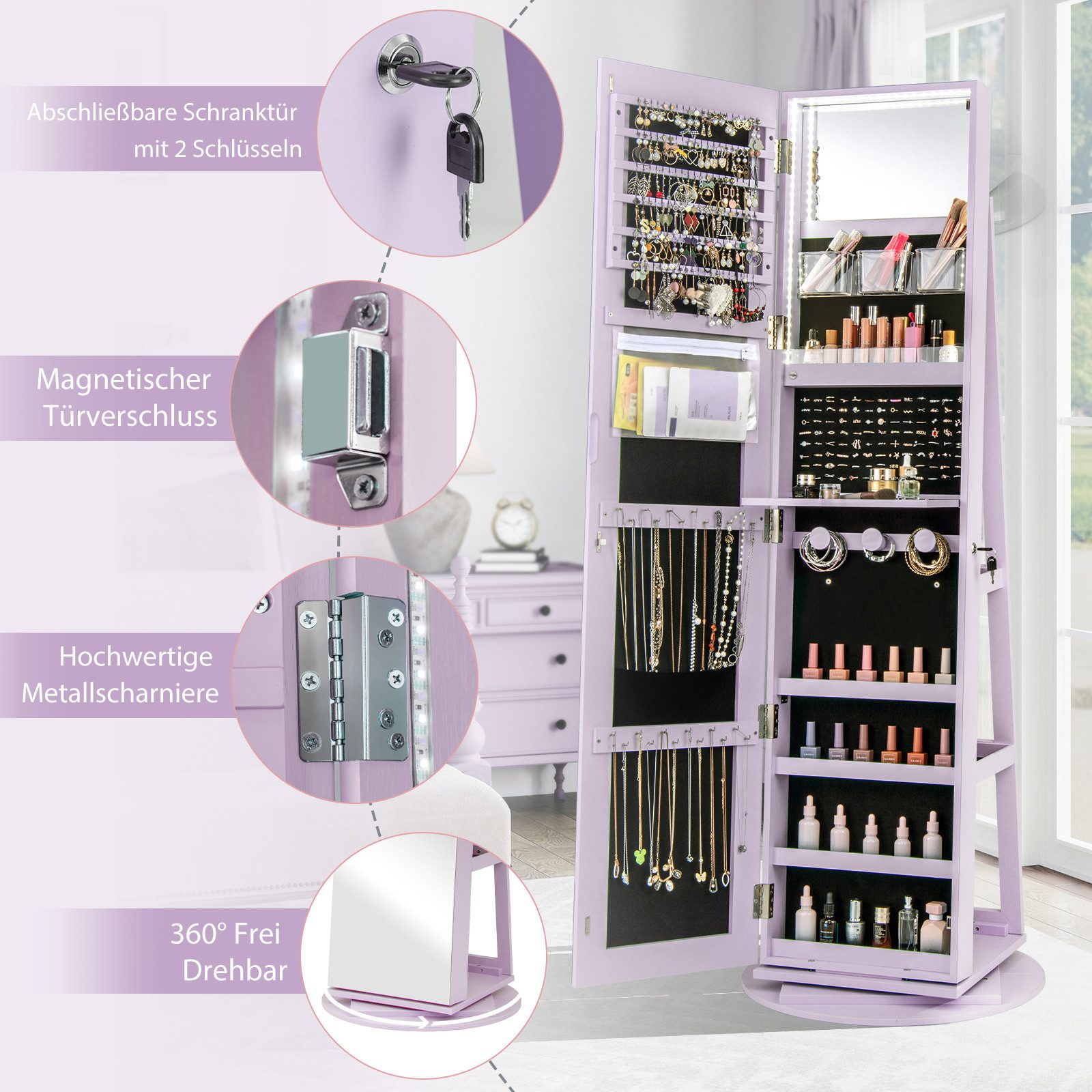 COSTWAY Schmuckschrank mit Ganzkörperspiegel & LED stehend, drehbar, abschließbar – Bild 5 von 5