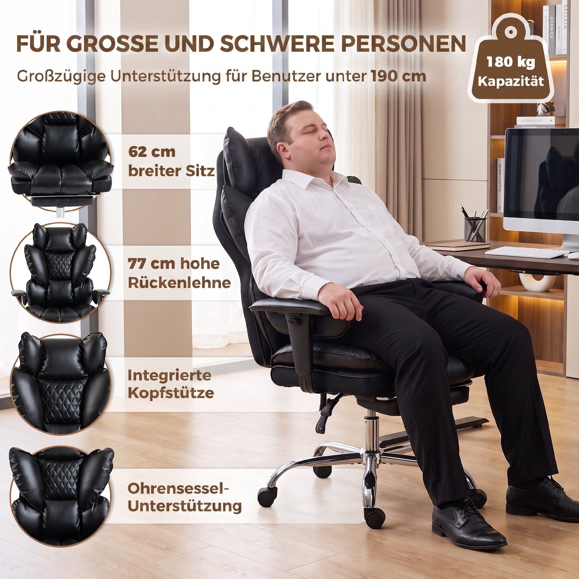 HOMCOM Bürostuhl Chefsessel mit Taschenfederkern (Set, 1 St), 135° neigbar, Fußstütze, bis 180 kg – Bild 5 von 5