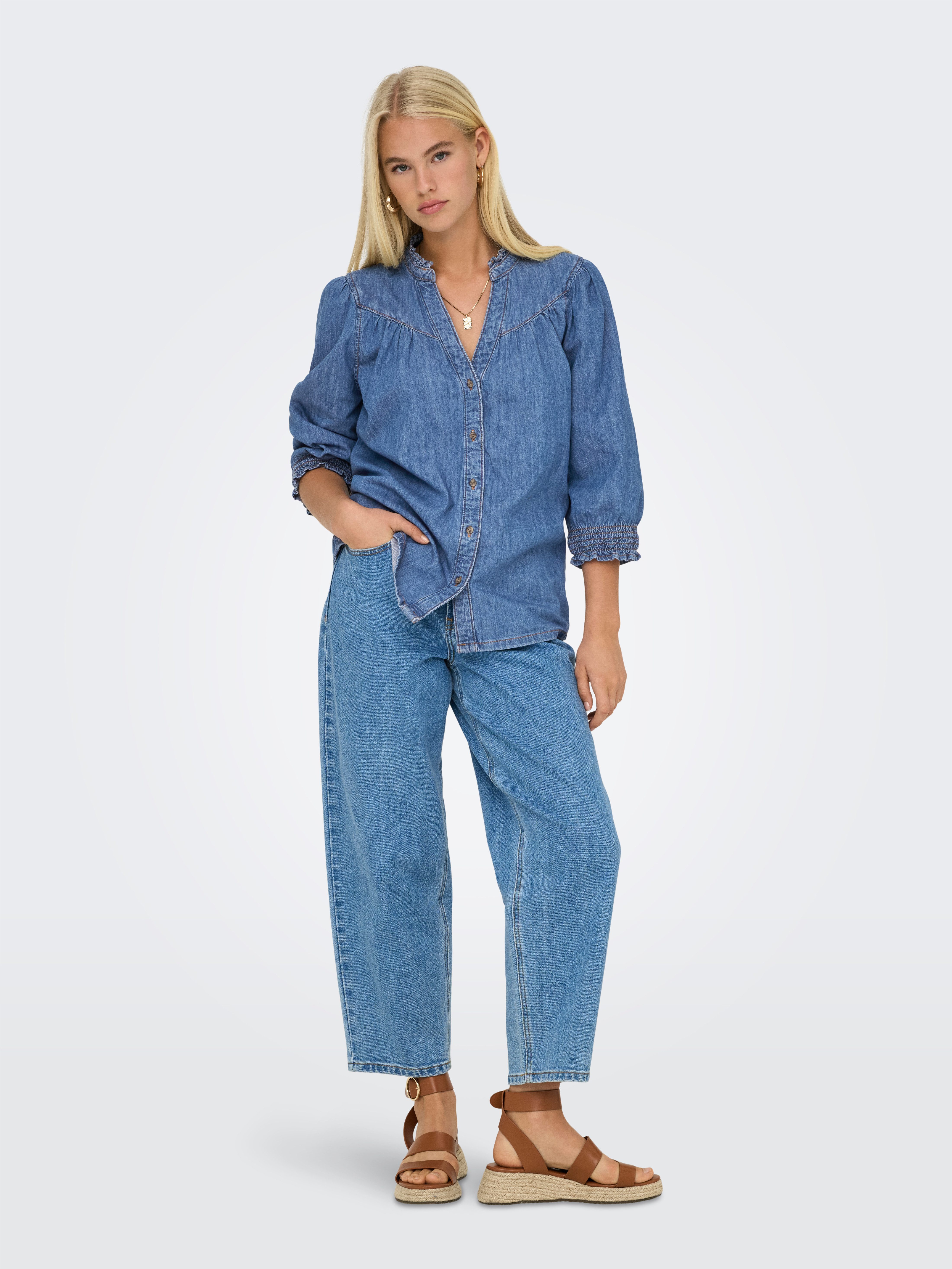 ONLY Jeansbluse ONLRAYA 3/4 SHIRT DNM AKM NOOS mit Rüschenkragen