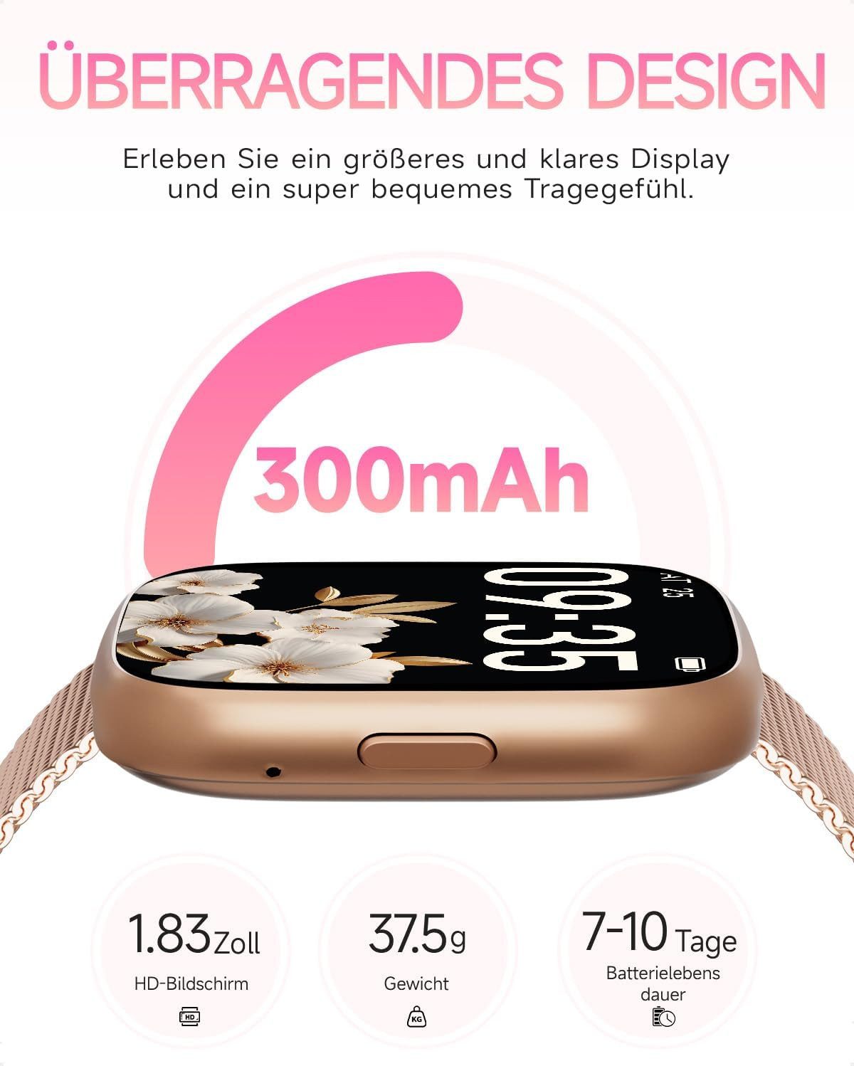 TOOBUR ‎ IDW26 Smartwatch (4,6 cm, android ios), Smartwatch Damen Fitnessuhr 1.83 Zoll Wasserdicht Pulsuhr IP68