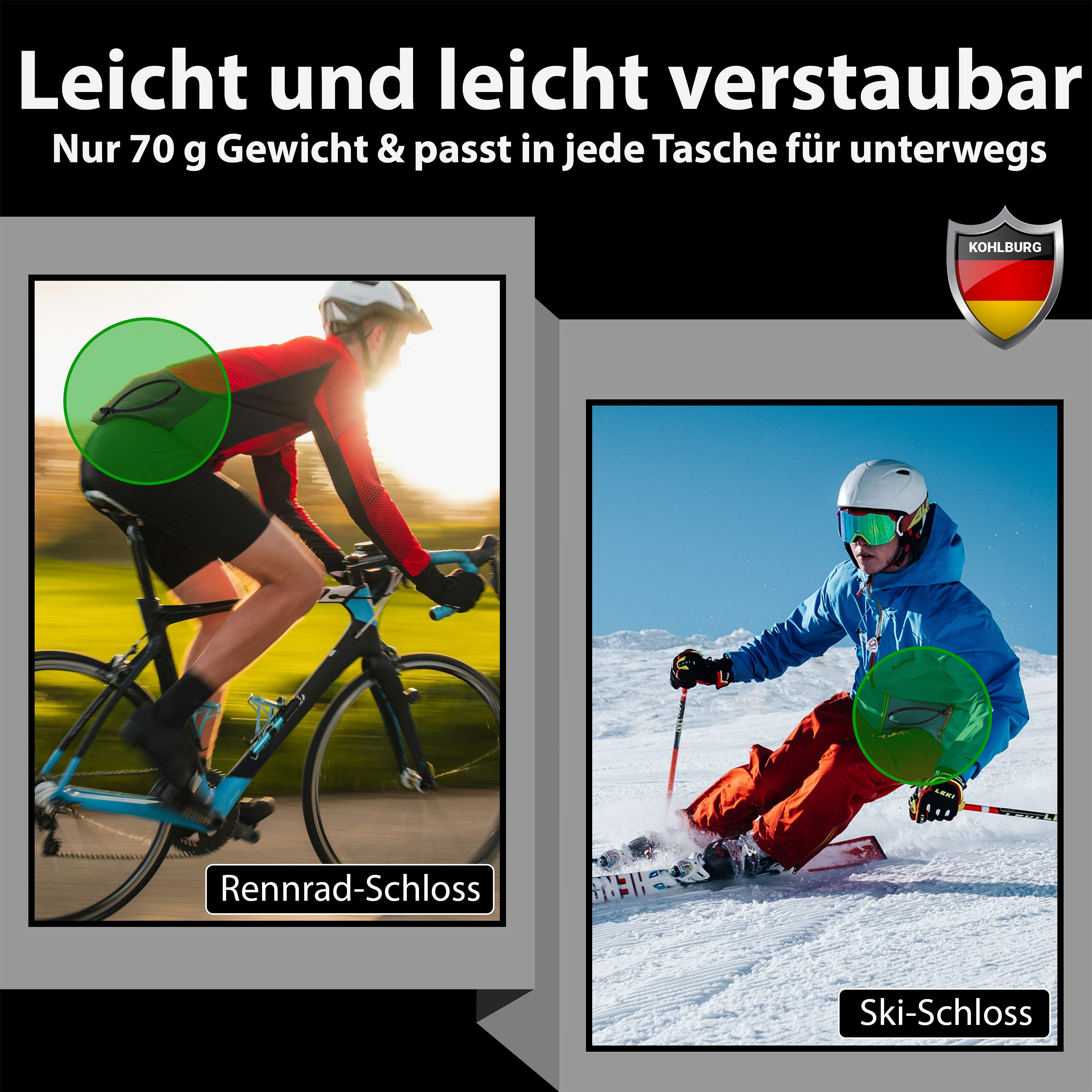 KOHLBURG Zahlenkabelschloss [70g leicht, 50cm, sicher] Kleines Kabelbinder Schloss mit Zahlencode, Rennrad Scooter Roller • Helmschloss Skischloss Kinderschloss