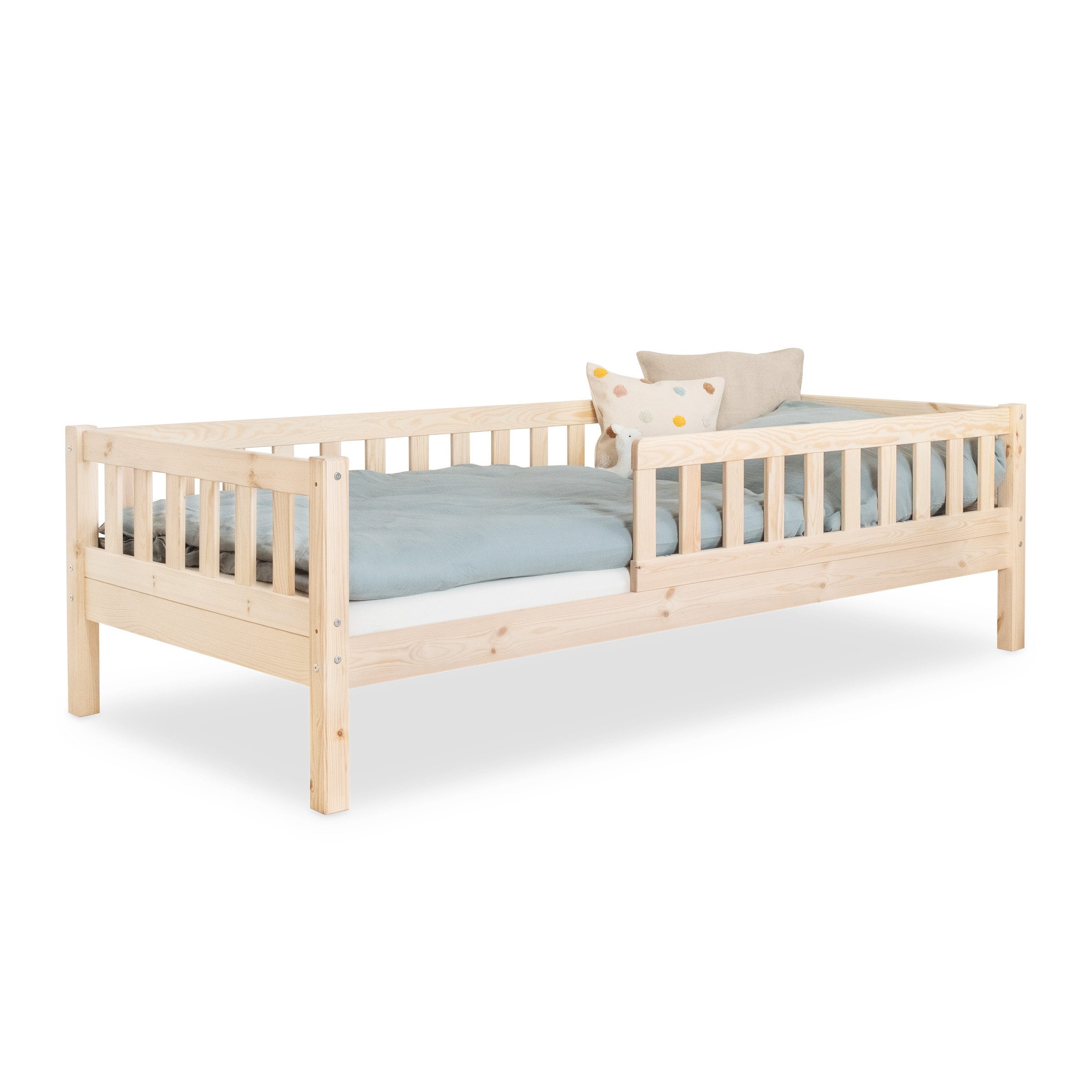 Ehrenkind Kinderbett Lille aus massivem Kieferholz inkl. Rollrost und Rausfallschutz (90x200 cm Natur, 2-in-1: Mit optionalem Umbauset zum Bodenbett umbaubar), flexibler Rausfallschutz beidseitig montierbar