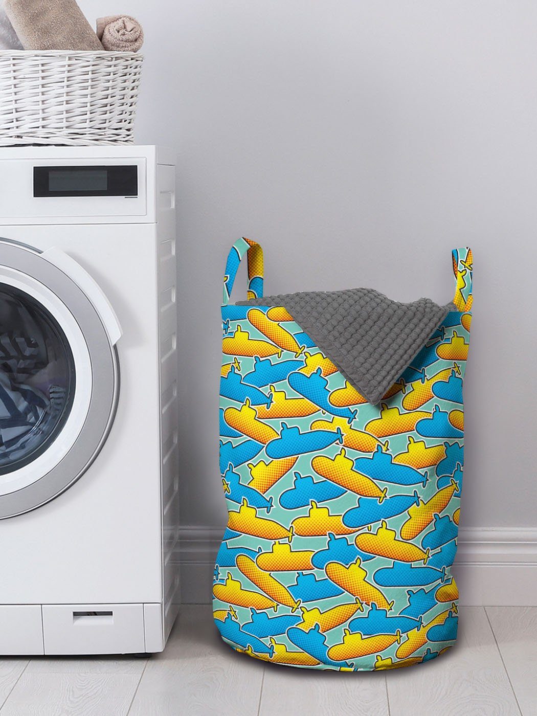 Abakuhaus Wäschesäckchen Wäschekorb für Waschsalons, Griffen Pop-Art-Stil U-Boot Gelbes Kordelzugverschluss mit