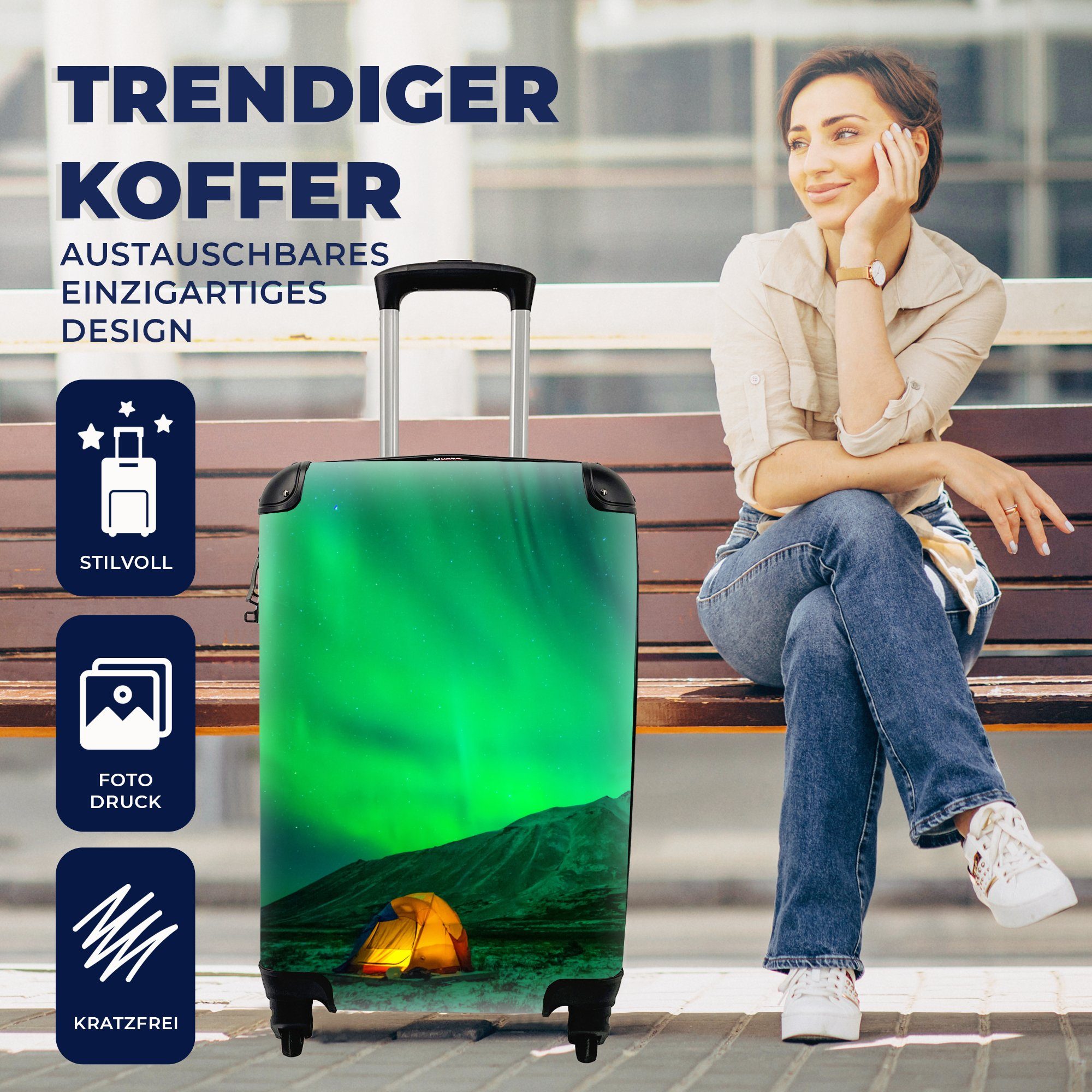 Berg, - mit Handgepäckkoffer Rollen, für Reisetasche Nordlichter Ferien, Handgepäck 4 Zelt MuchoWow Trolley, Reisekoffer - rollen,