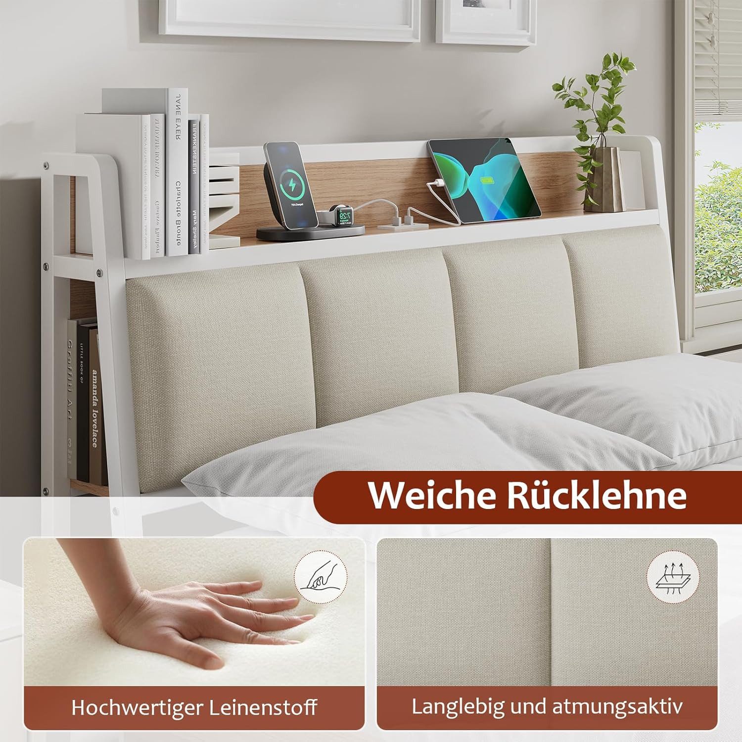 KIMENICH Metallbett Bettgestell mit Ladestation und 2 Schubladen, Jugendbett (1-tlg., Ohne Matratze), 140x190cm, Weiß + Natur – Bild 4 von 5