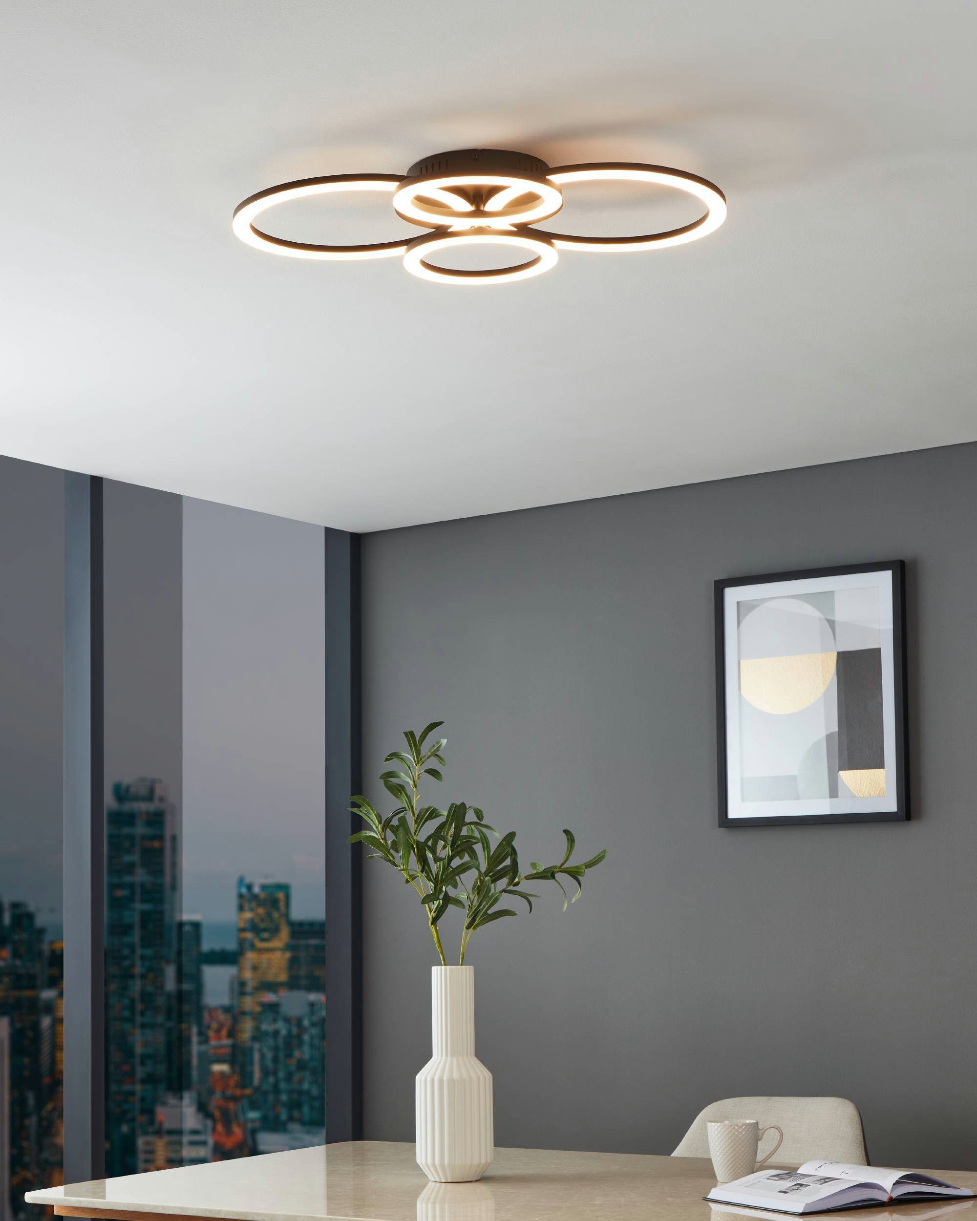 EGLO Deckenleuchte PARRAPOS-Z Deckenlampe schwarz, TuneableWhite, ZigBee 3.0, Disco-Modus, Bluetooth, CCT - über Fernbedienung, Dimmfunktion, Ein-/Ausschalter, Farbsteuerung, Farbwechsel, Memoryfunktion, Nachtlichtfunktion, Smart Home, Weckerfunktion, dimmbar über Fernbedienung, mehrere Helligkeitsstufen, LED fest integriert, warmweiß - kaltweiß, App /Sprachsteuerung Alexa, ‎‎‎‎‎‎‎‎‎45x61,5x8cm, exkl. Fernbedienung