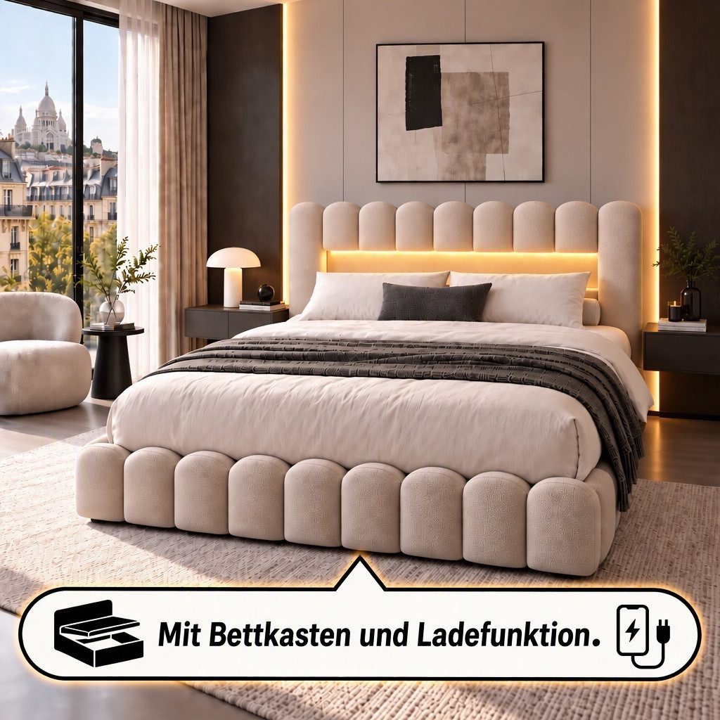 Gdood Polsterbett Stauraumbett Doppelbett LED (Type-C + USB, Hydraulisch hebbarer Stauraum), Mit Bettkasten, LED-Beleuchtung, USB-Anschluss, 140x200 cm