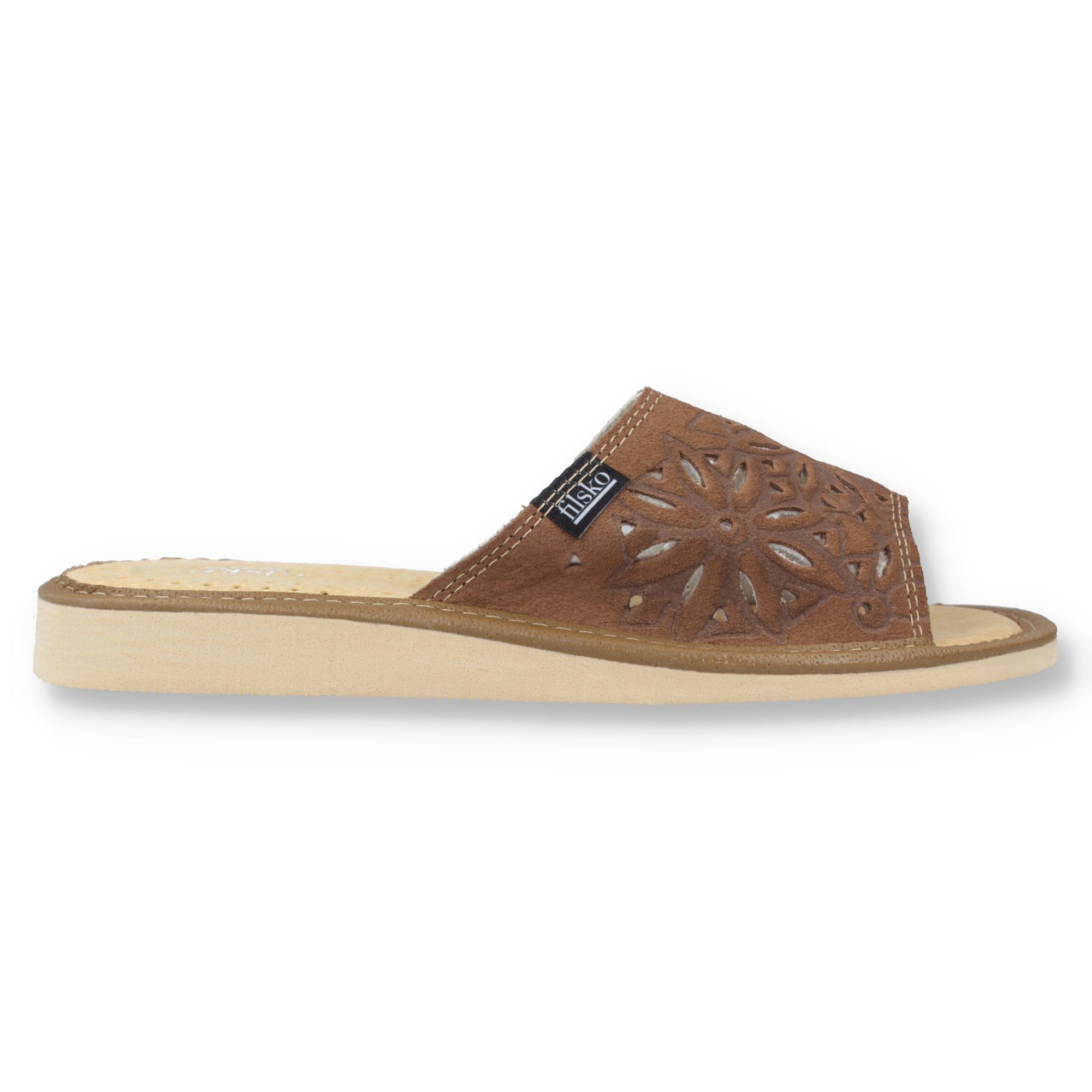filsko Zafra Damen Hausschuh Veloursleder mit Blumenmuster, offene Pantoletten, Slip-On