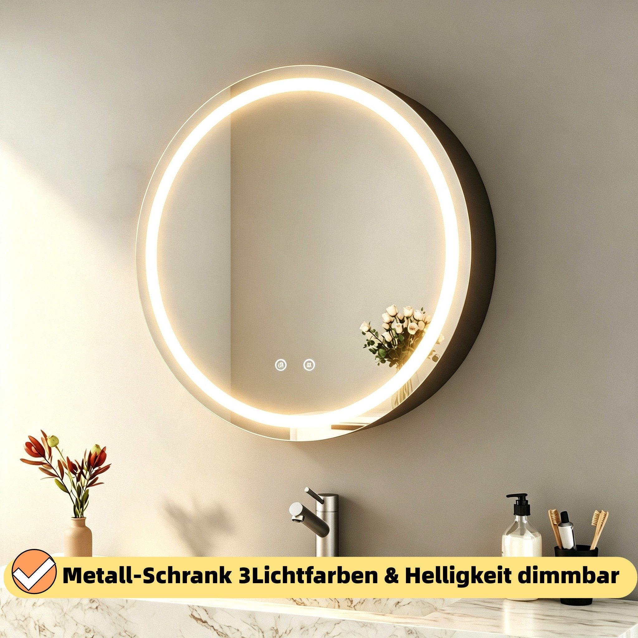 WDWRITTI Spiegelschrank Bad mit Beleuchtung Badezimmerspiegelschrank mit LED ∅80cm, ∅60cm (Wandschrank Badezimmer Rund 60x60cm 80x80cm, 3Lichtfarben, Dimmbar, Anti-fog, Speicherfunktion) Metall Schrank, Stahlblechregale, mit Netzadapter, IP44