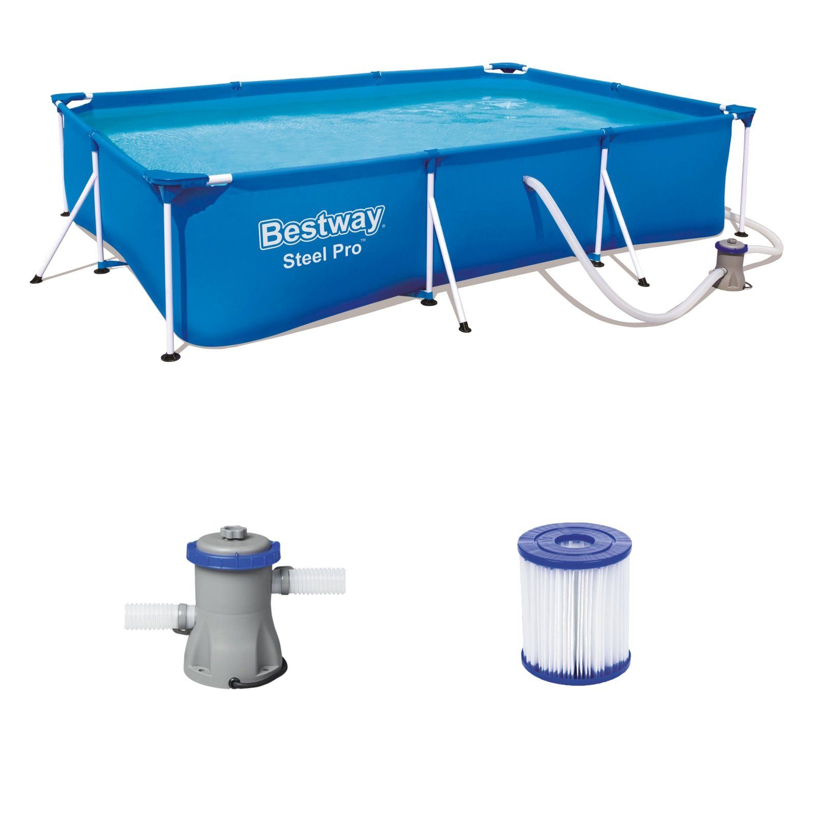 BESTWAY Framepool Bestway 56411 Steel Pro™ Frame Pool Set mit Filter (Pool inkl. Filterpumpe, Filterkartusche und Reparaturflicken)