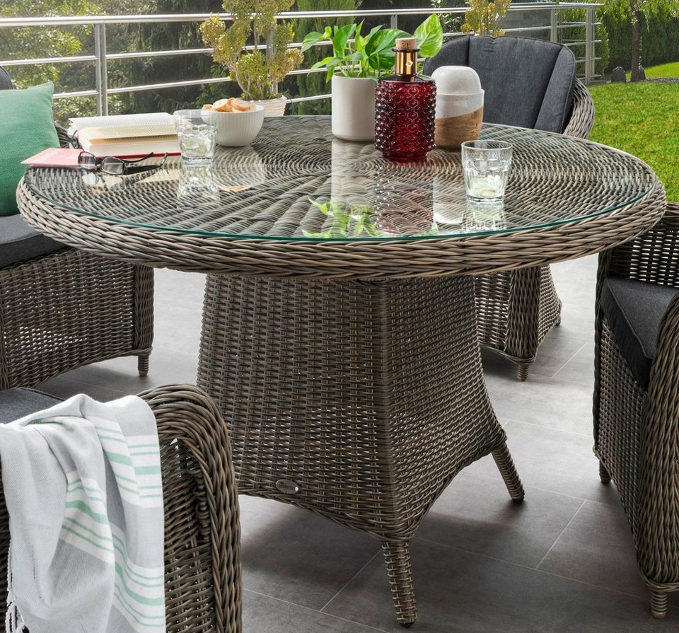 Destiny Gartentisch LUNA, Polyrattan, Ø 120x75cm, mit aufgelegter Glasplatte,  Wertiges handverarbeitetes hochwertige Halbrundgeflecht aus Polyrattan