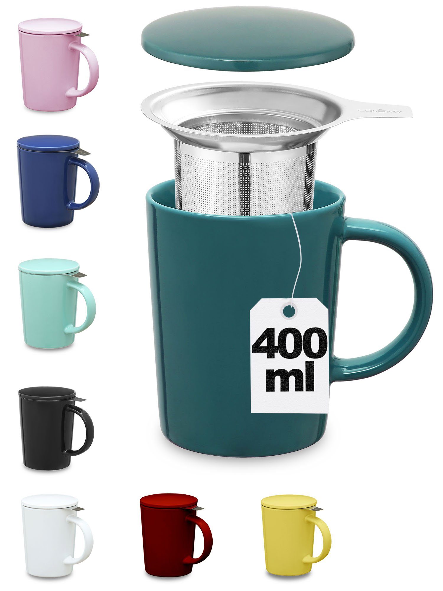 Cosumy Teeglas Teetasse mit Sieb und Deckel Blaugrün 400ml, Keramik, Hält  Lange warm - 400ml Groß - Spülmaschinenfest