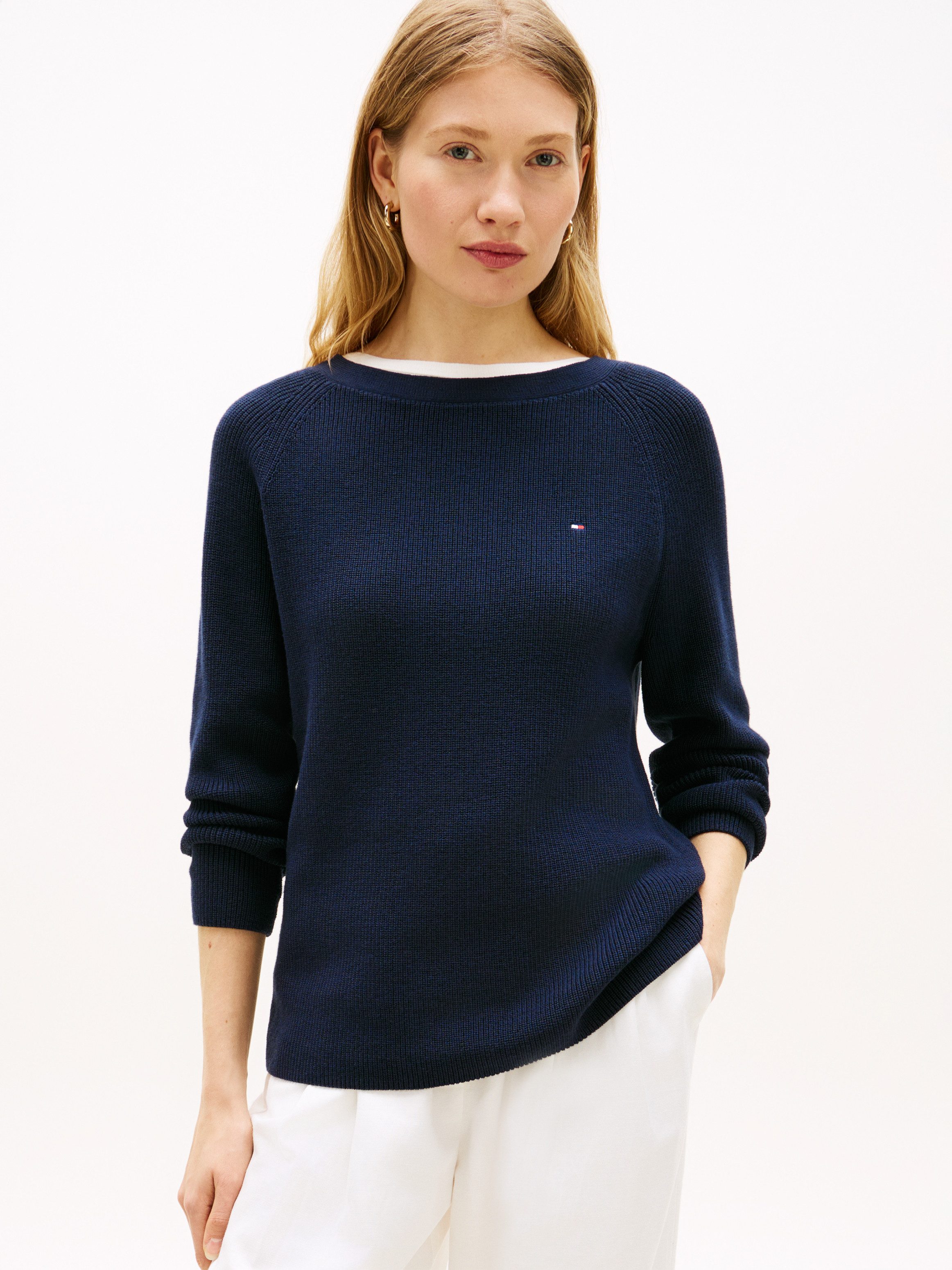 Tommy Hilfiger Strickpullover CO CARDI FINE GG LS BOAT-NK SWT mit Raglanärmel, Logostickerei