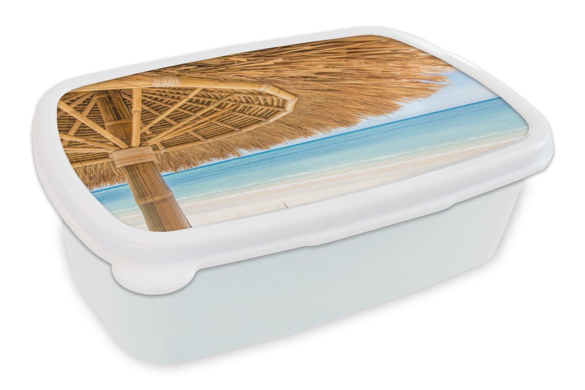 MuchoWow Lunchbox Sonnenschirm - Strand - Meer - Tropisch, Kunststoff, (2-tlg), Brotbox für Kinder und Erwachsene, Brotdose, für Jungs und Mädchen weiß