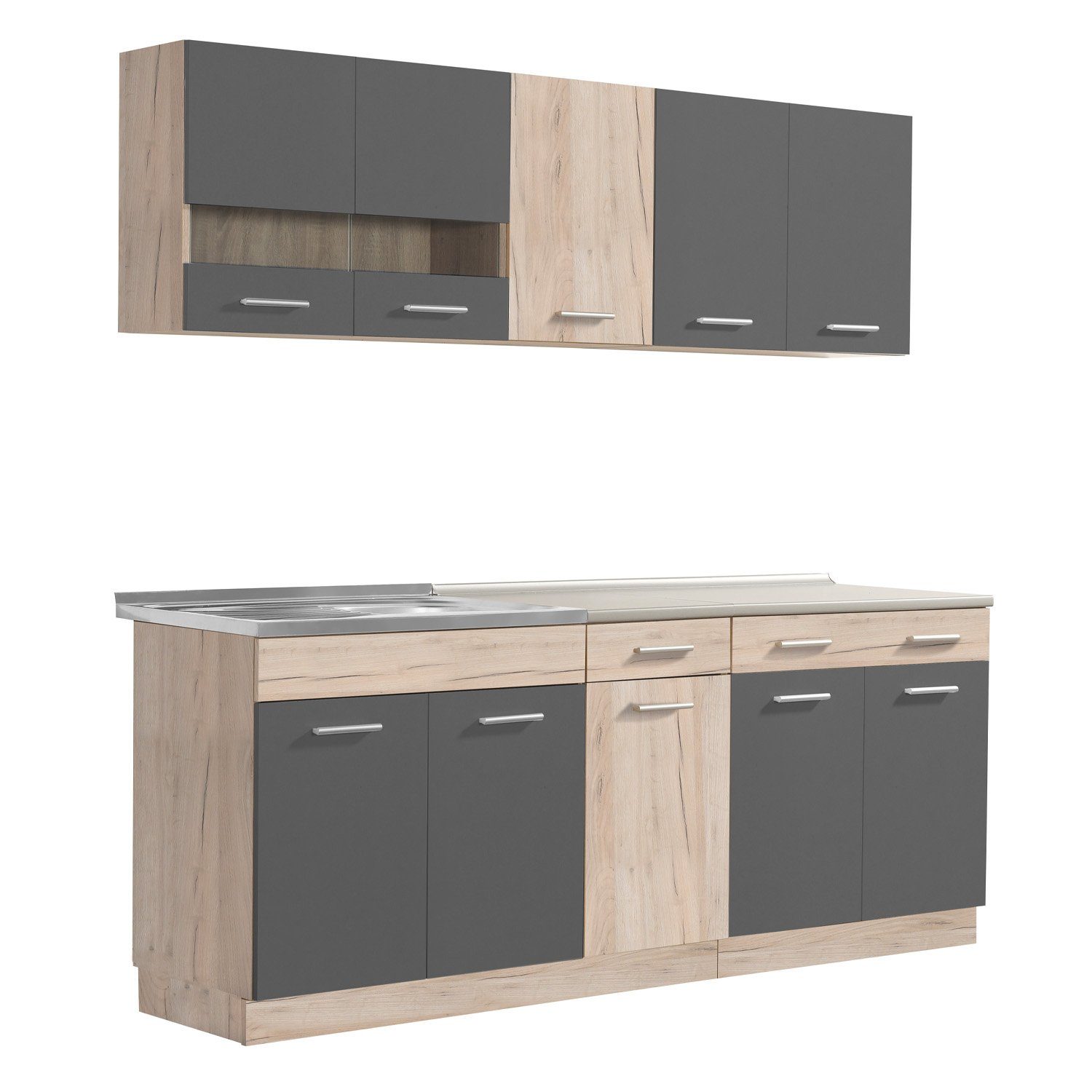Homestyle4u Küchenzeile 200 cm ohne Geräte Grau matt Eiche Singleküche Küchenschränke Glas