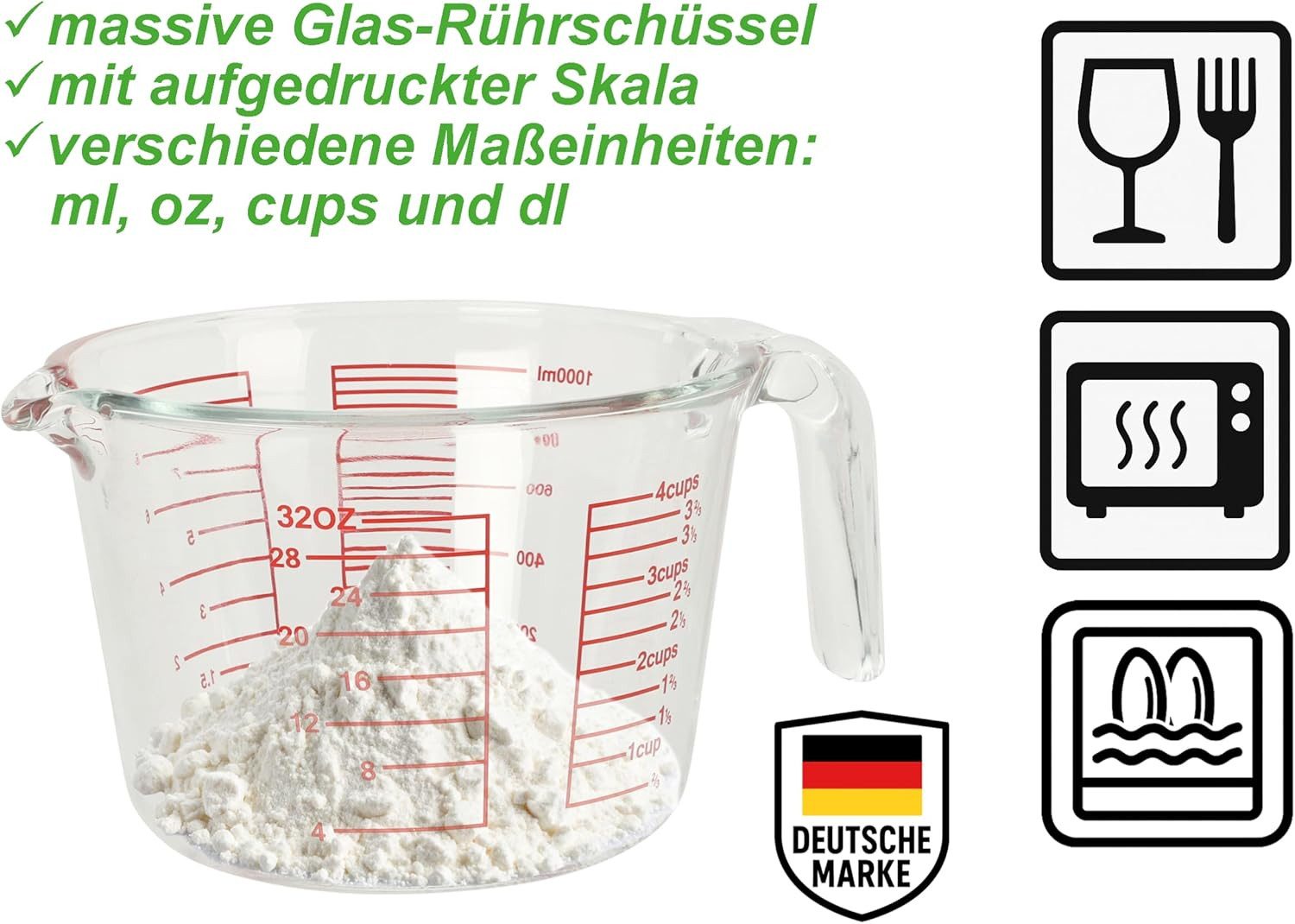 mucHome Messbecher Messbecher aus Glas bis zu 1l hochwertiges Borosilikatglas m. Henkel, Messbecher aus Glas