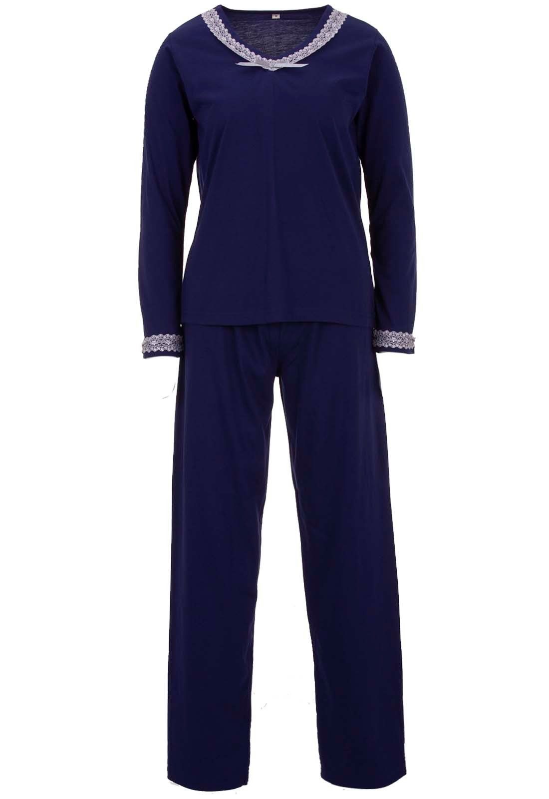 Schlafanzug zeitlos Spitze Uni - navy Langarm Set Pyjama