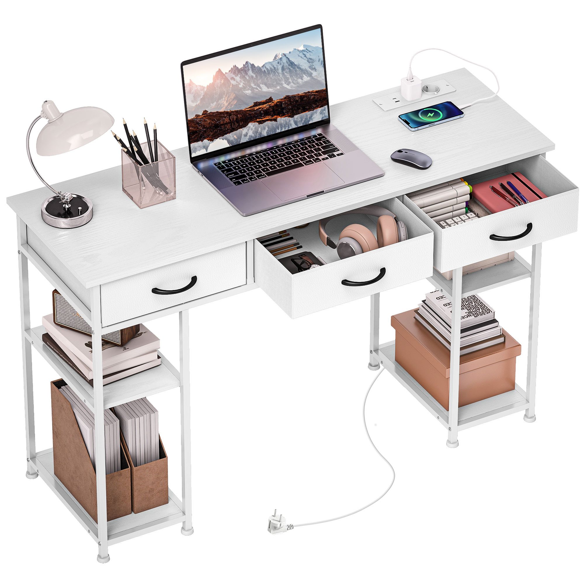 HOMCOM Schreibtisch Computertisch verstellbare Regalböden Stoffschubladen Laptoptisch (Arbeitstisch, 1-St., Bürotisch), Küchentisch mit Stahlrahmen Weiß 120x40x76 cm