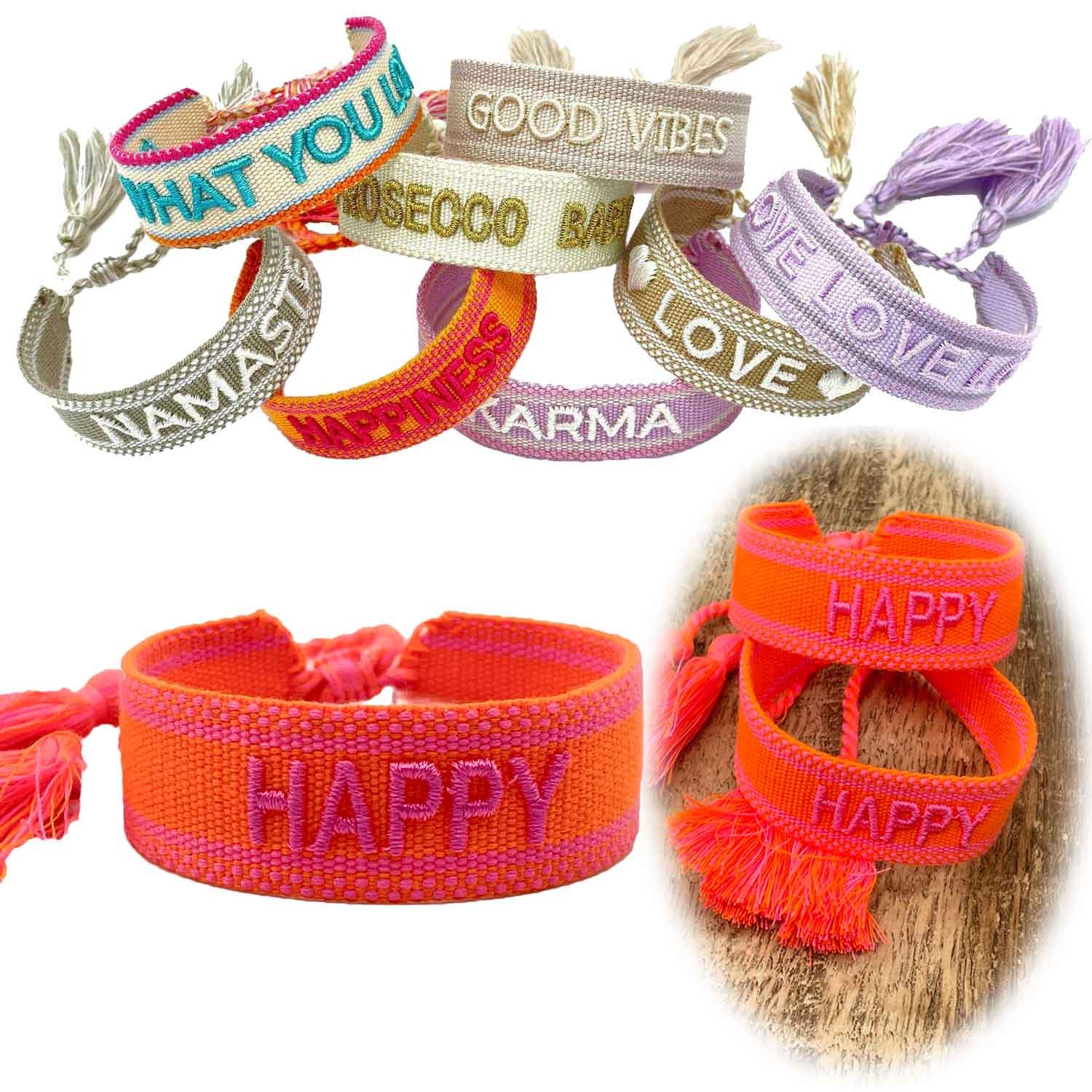 LS-LebenStil Armband Canvas Statement Armband Happy Neon Orange Pink Quasten bestickt (Baumwollarmband Webarmband Armbandliebe Freundschaftsarmband Freundschaftsband Partnerarmband, 1-tlg., textil geflochten gewebt - hochwertiger gestickter Spruch), perfekt als Serviettenring – personalisiert auch für Hochzeiten usw