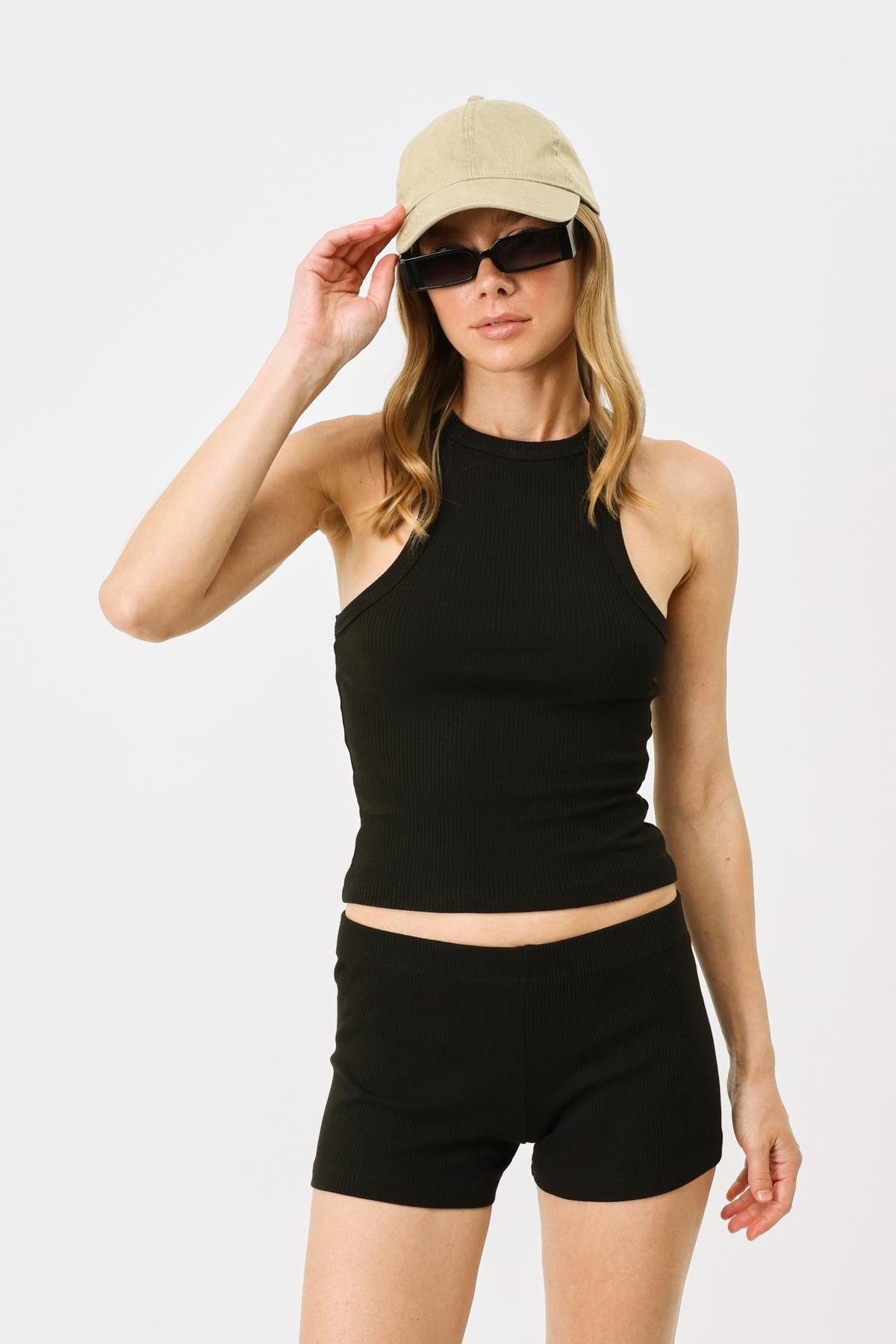 C&CITY Kurzarmbody Damen Halterneck Stretch Lang Tank Top